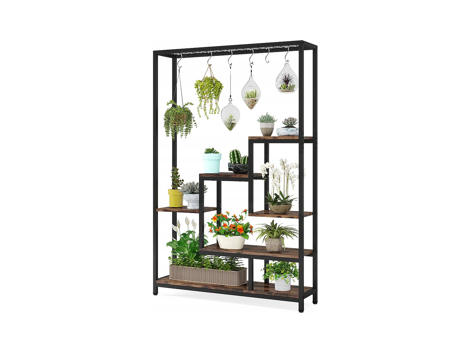 Tribesigns Support pour plantes d'intérieur à 5 niveaux - Grande étagère en métal de 180,1 cm avec 10 crochets de suspension en S - Multifonction - Pour intérieur, jardin, balcon, salon (Maron et Noir)