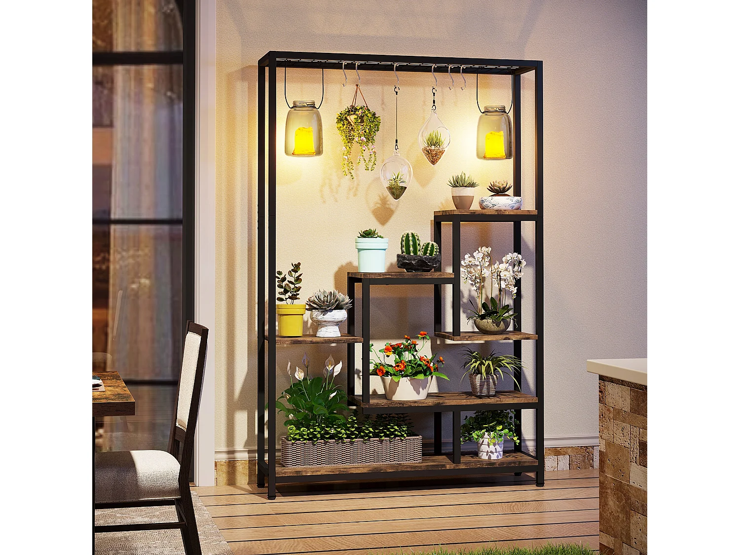 Tribesigns 5-laags plantenstandaard voor binnen - 71,8" grote metalen plantenplank met 10 S-haken hangende plantenbakorganizer - multifunctionele plantenstandaard voor binnen, tuin, balkon, woonkamer (bruin en zwart)