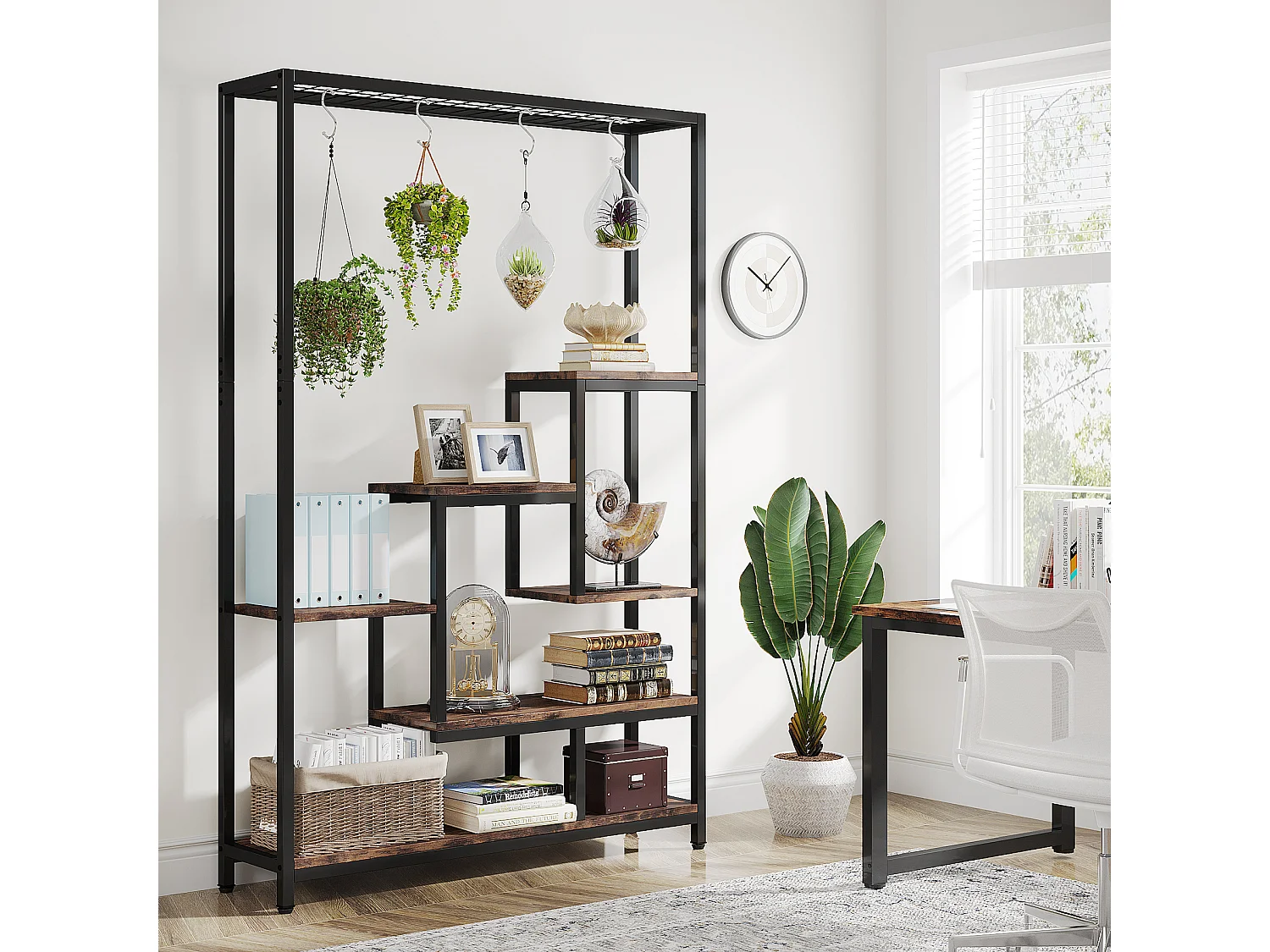 Tribesigns 5-laags plantenstandaard voor binnen - 71,8" grote metalen plantenplank met 10 S-haken hangende plantenbakorganizer - multifunctionele plantenstandaard voor binnen, tuin, balkon, woonkamer (bruin en zwart)