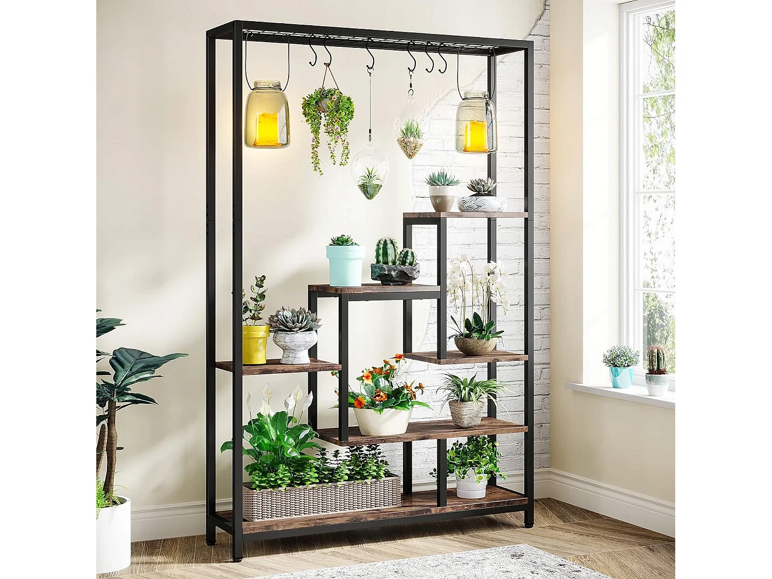 Tribesigns Support pour plantes d'intérieur à 5 niveaux - Grande étagère en métal de 180,1 cm avec 10 crochets de suspension en S - Multifonction - Pour intérieur, jardin, balcon, salon (Maron et Noir)