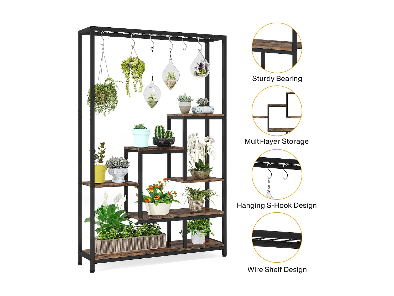 Tribesigns Support pour plantes d'intérieur à 5 niveaux - Grande étagère en métal de 180,1 cm avec 10 crochets de suspension en S - Multifonction - Pour intérieur, jardin, balcon, salon (Maron et Noir)