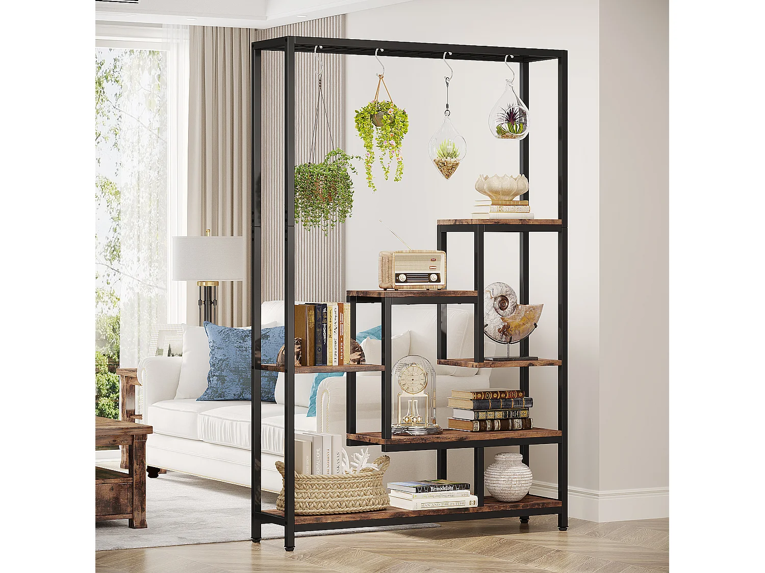 Tribesigns Support pour plantes d'intérieur à 5 niveaux - Grande étagère en métal de 180,1 cm avec 10 crochets de suspension en S - Multifonction - Pour intérieur, jardin, balcon, salon (Maron et Noir)