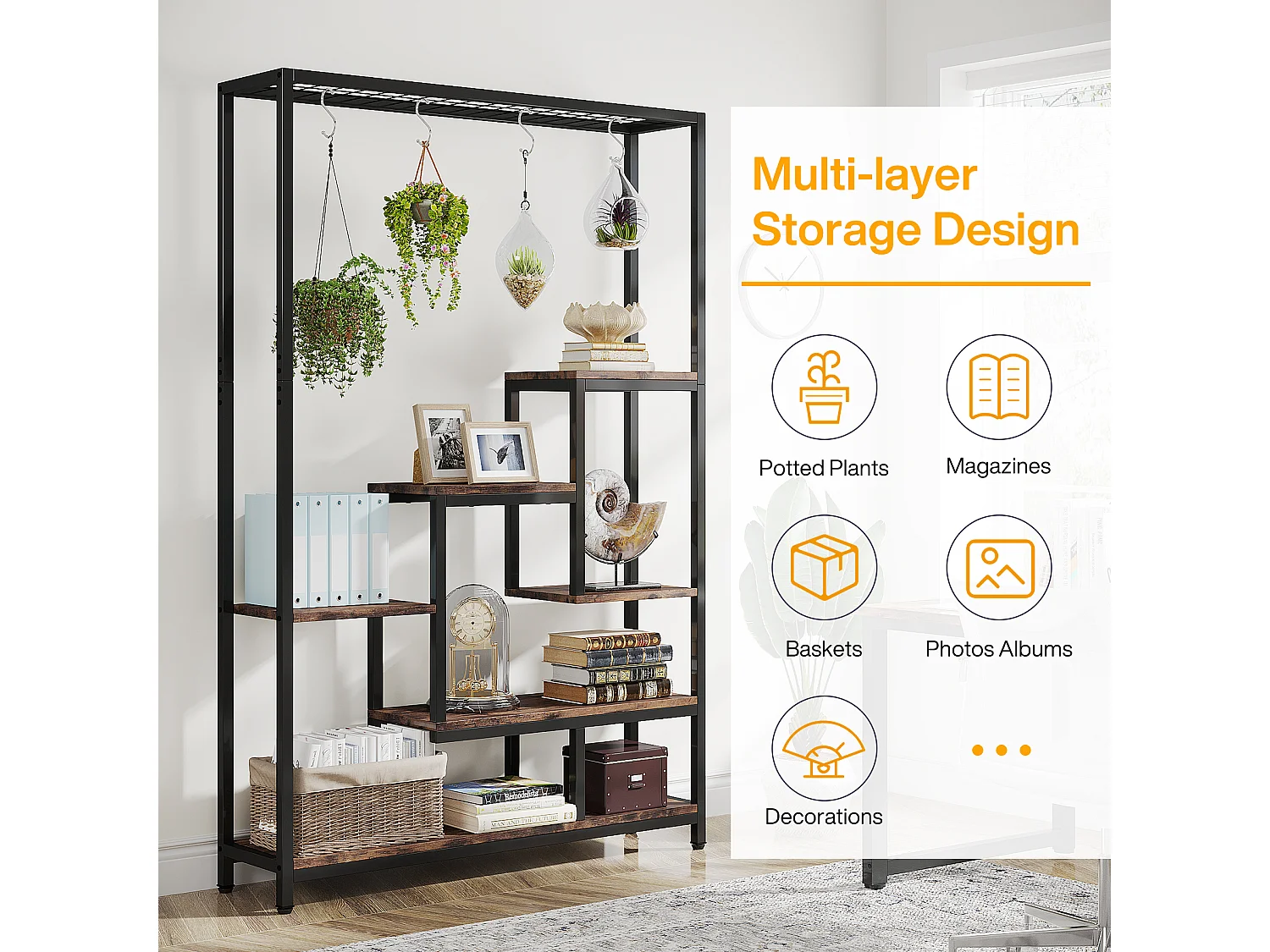 Fünfstufige Stütze für Zimmerpflanzen - Großer Metallregal mit einer Höhe von 180,1 cm und 10 S-Haken zur Aufhängung