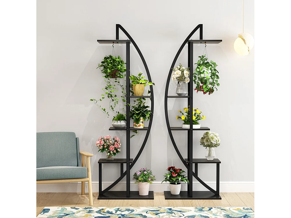 Lot de 2 supports de plantes d'intérieur à 5 étages en métal incurvé avec 2 crochets de suspension, multi-usages pour intérieur, salon