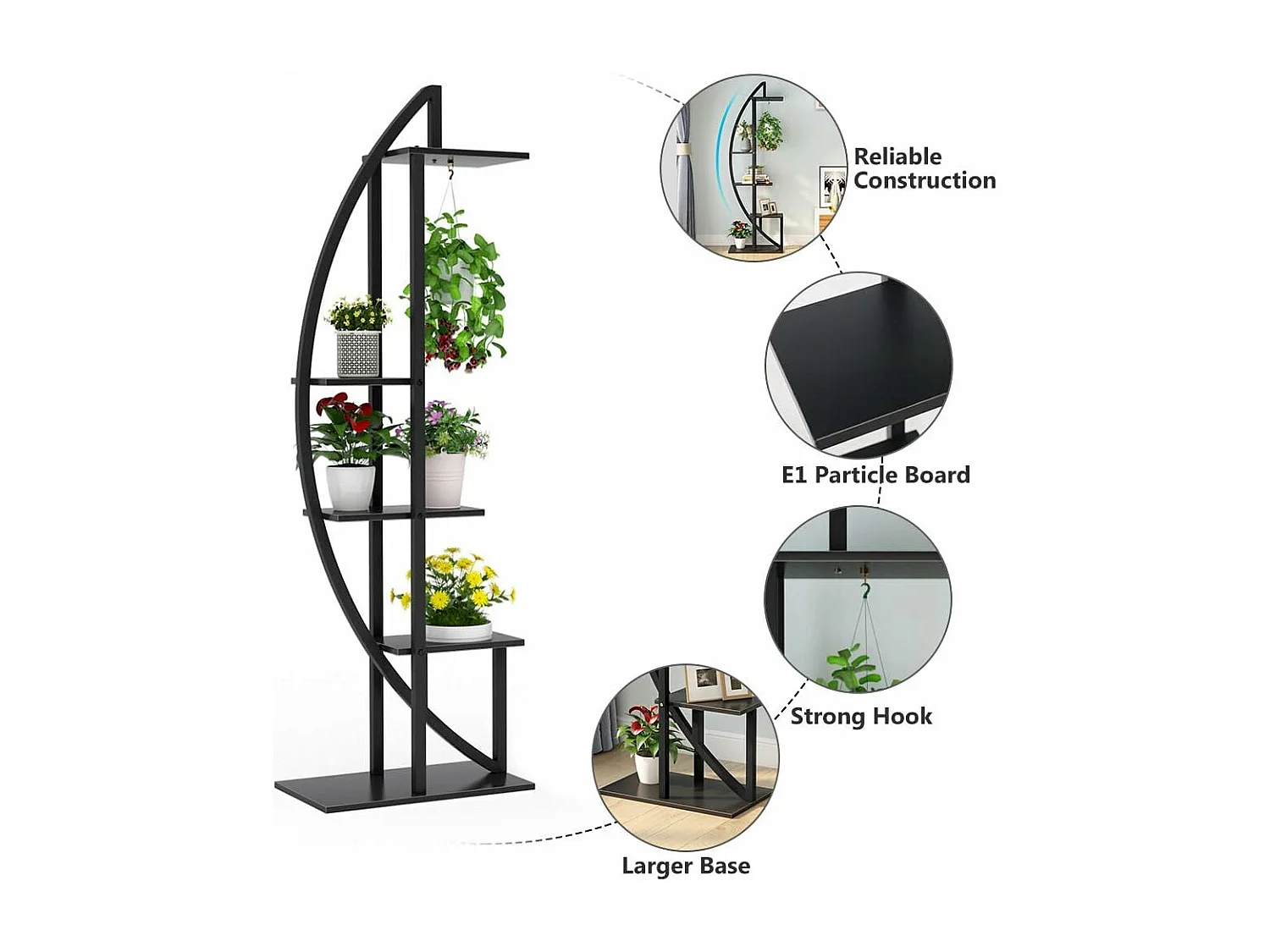 Lot de 2 supports de plantes d'intérieur à 5 étages en métal incurvé avec 2 crochets de suspension, multi-usages pour intérieur, salon