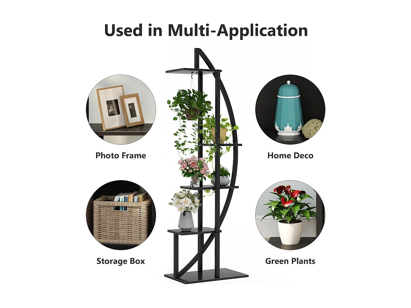 Lot de 2 supports de plantes d'intérieur à 5 étages en métal incurvé avec 2 crochets de suspension, multi-usages pour intérieur, salon