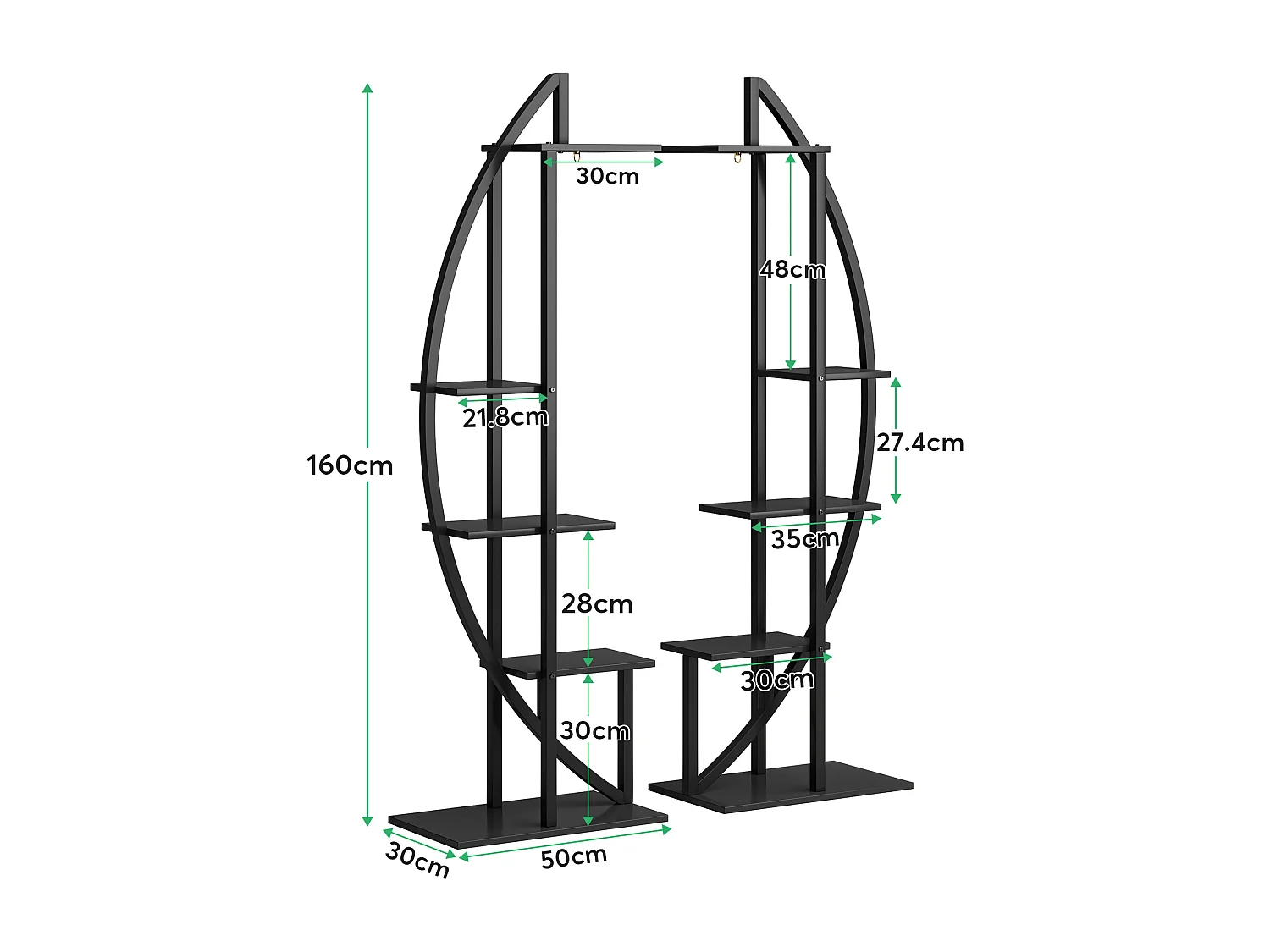 Lot de 2 supports de plantes d'intérieur à 5 étages en métal incurvé avec 2 crochets de suspension, multi-usages pour intérieur, salon