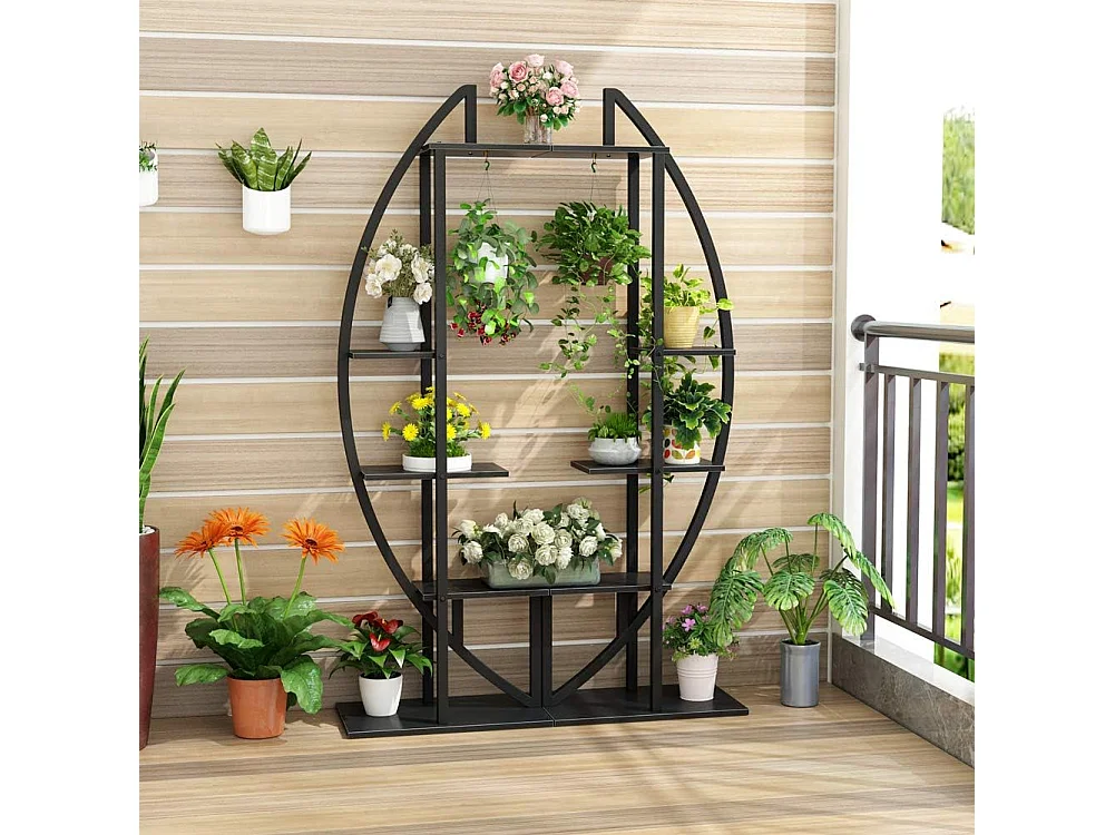 Lot de 2 supports de plantes d'intérieur à 5 étages en métal incurvé avec 2 crochets de suspension, multi-usages pour intérieur, salon