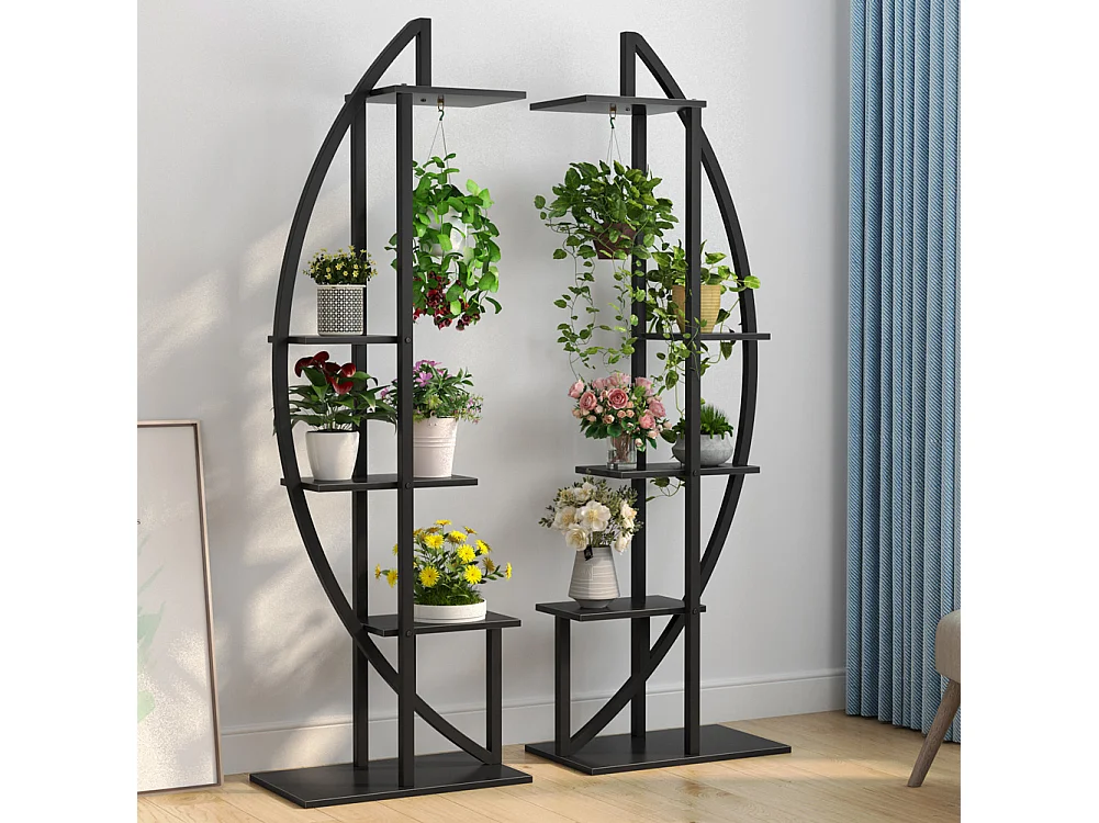 Lot de 2 supports de plantes d'intérieur à 5 étages en métal incurvé avec 2 crochets de suspension, multi-usages pour intérieur, salon
