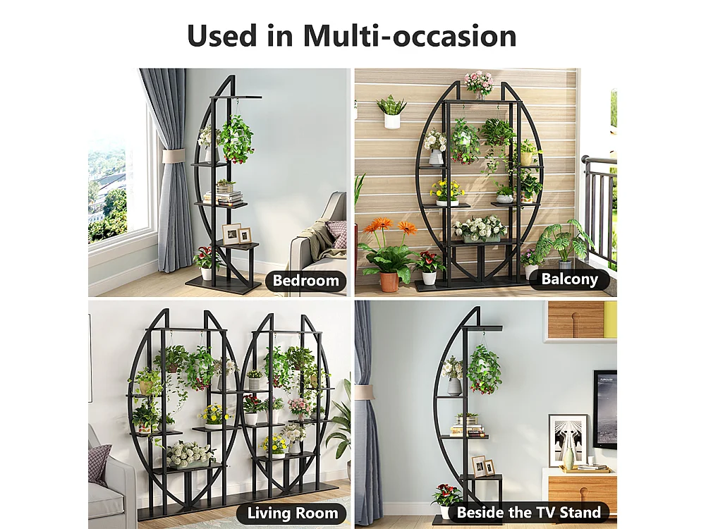 Lot de 2 supports de plantes d'intérieur à 5 étages en métal incurvé avec 2 crochets de suspension, multi-usages pour intérieur, salon
