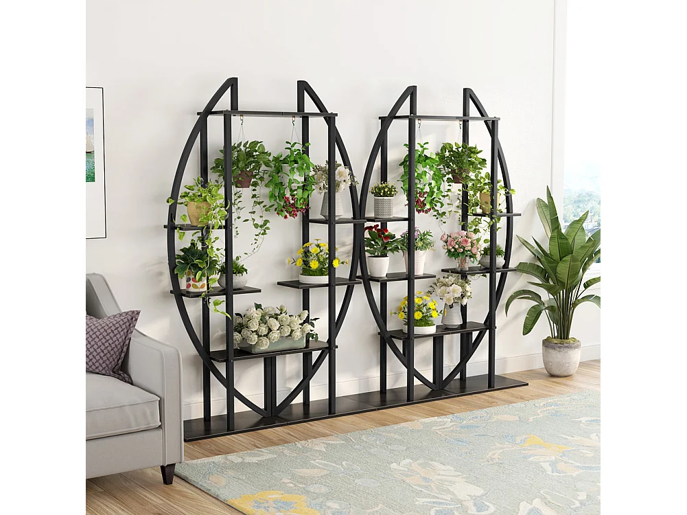 Lot de 2 supports de plantes d'intérieur à 5 étages en métal incurvé avec 2 crochets de suspension, multi-usages pour intérieur, salon
