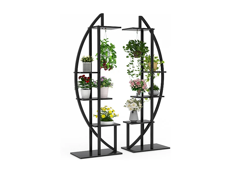 Lot de 2 supports de plantes d'intérieur à 5 étages en métal incurvé avec 2 crochets de suspension, multi-usages pour intérieur, salon