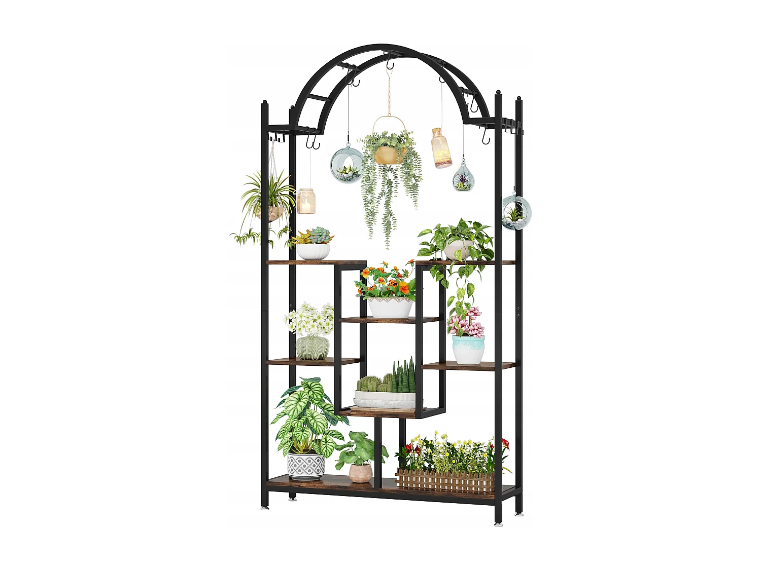 Support pour plantes d'intérieur à 5 niveaux, 190 cm, Étagère pour plantes en métal avec 8 crochets en S, Grand support de présentation