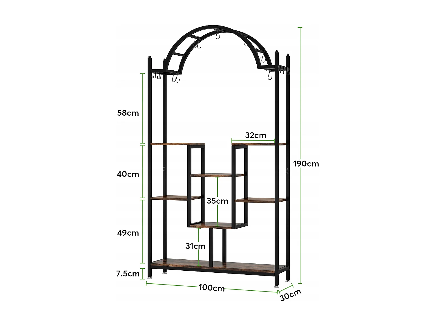 Support pour plantes d'intérieur à 5 niveaux, 190 cm, Étagère pour plantes en métal avec 8 crochets en S, Grand support de présentation