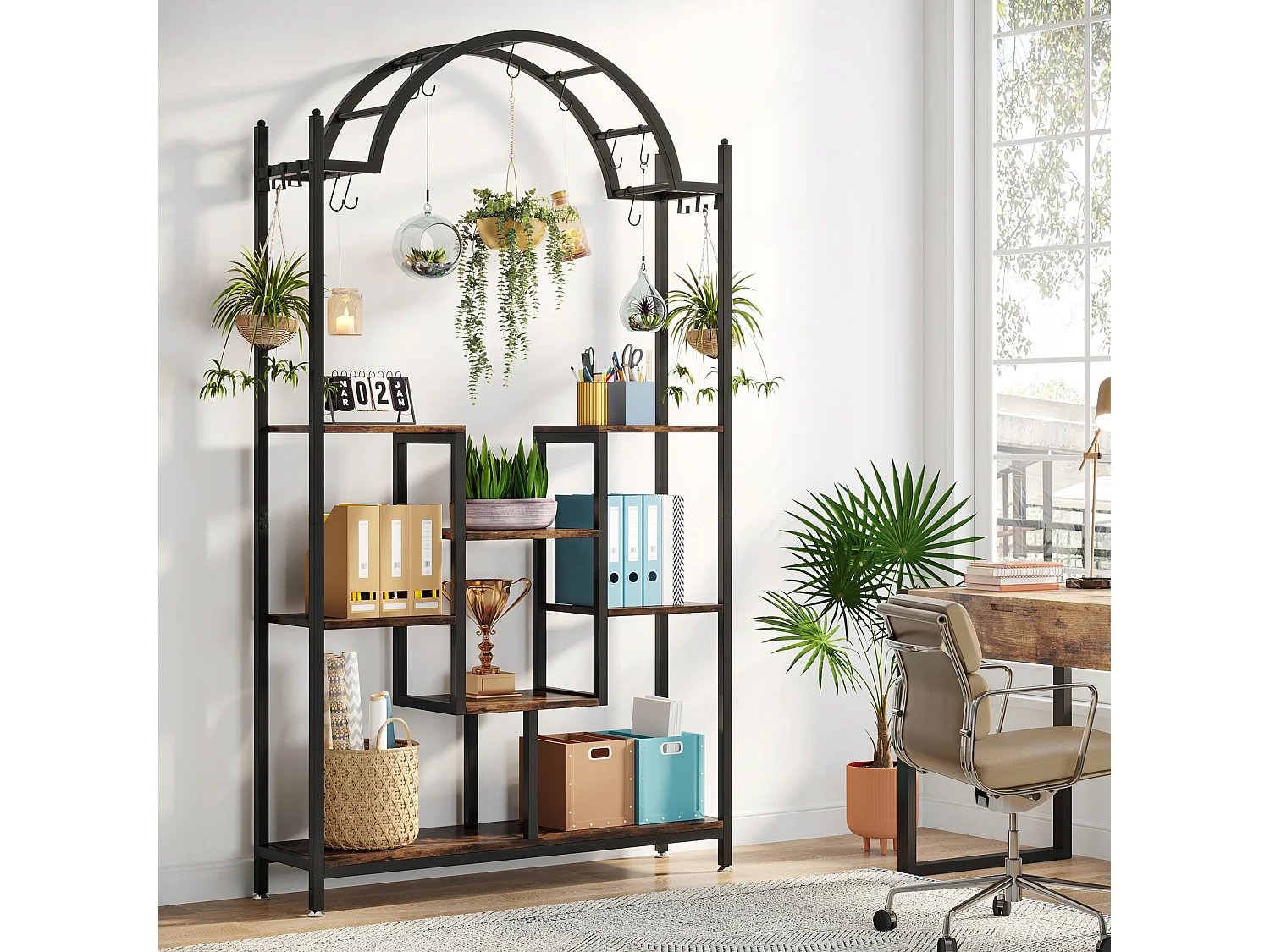 Support pour plantes d'intérieur à 5 niveaux, 190 cm, Étagère pour plantes en métal avec 8 crochets en S, Grand support de présentation