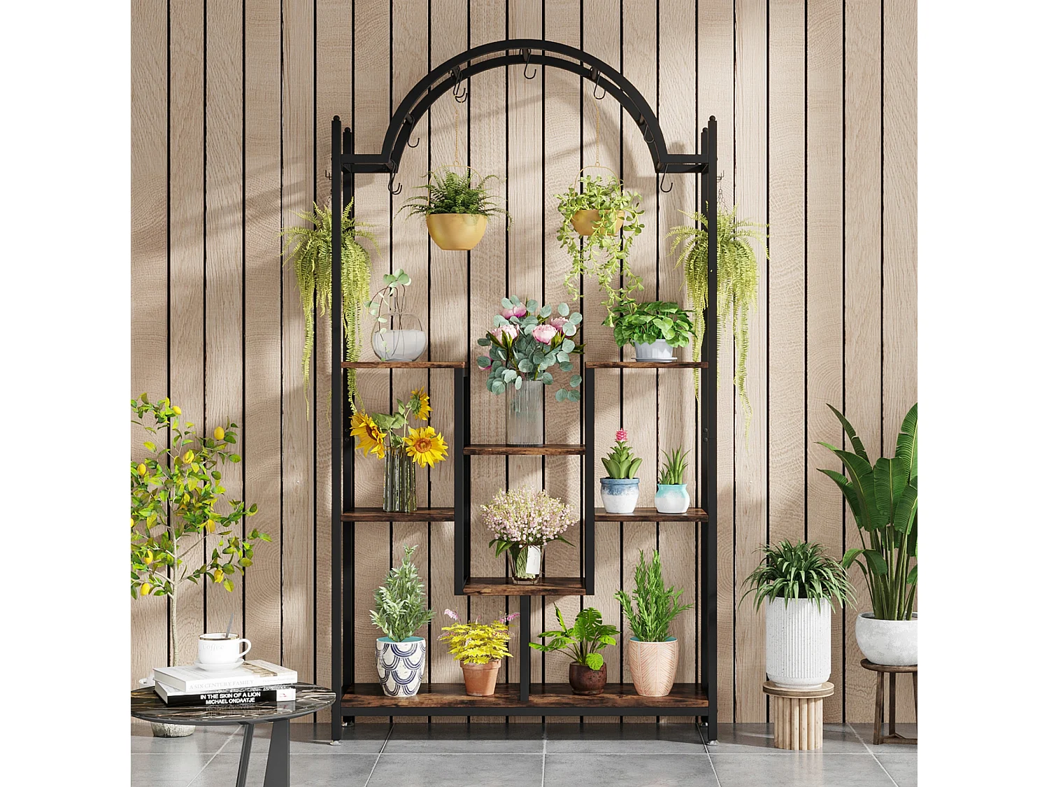 Support pour plantes d'intérieur à 5 niveaux, 190 cm, Étagère pour plantes en métal avec 8 crochets en S, Grand support de présentation