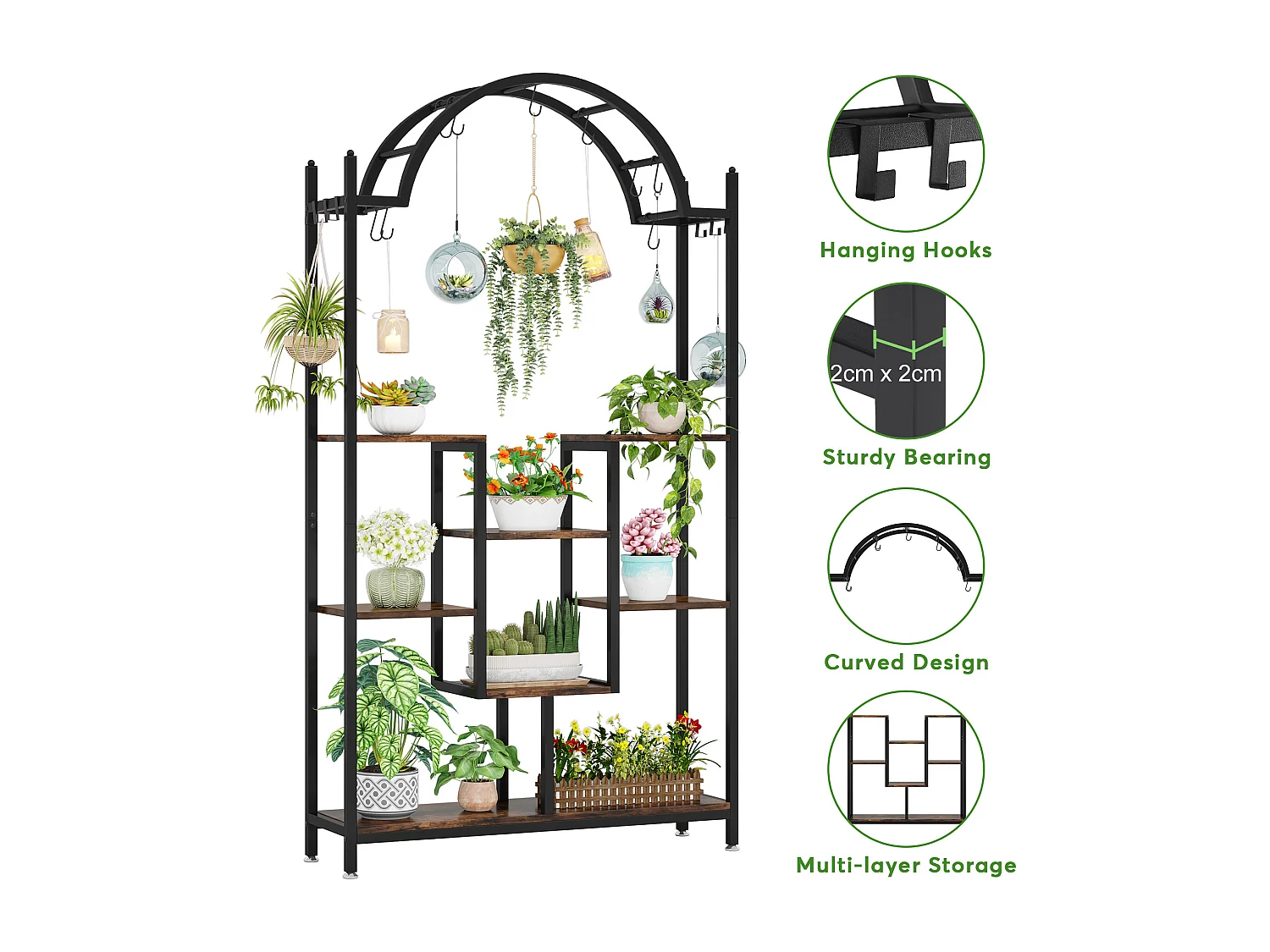 Support pour plantes d'intérieur à 5 niveaux, 190 cm, Étagère pour plantes en métal avec 8 crochets en S, Grand support de présentation