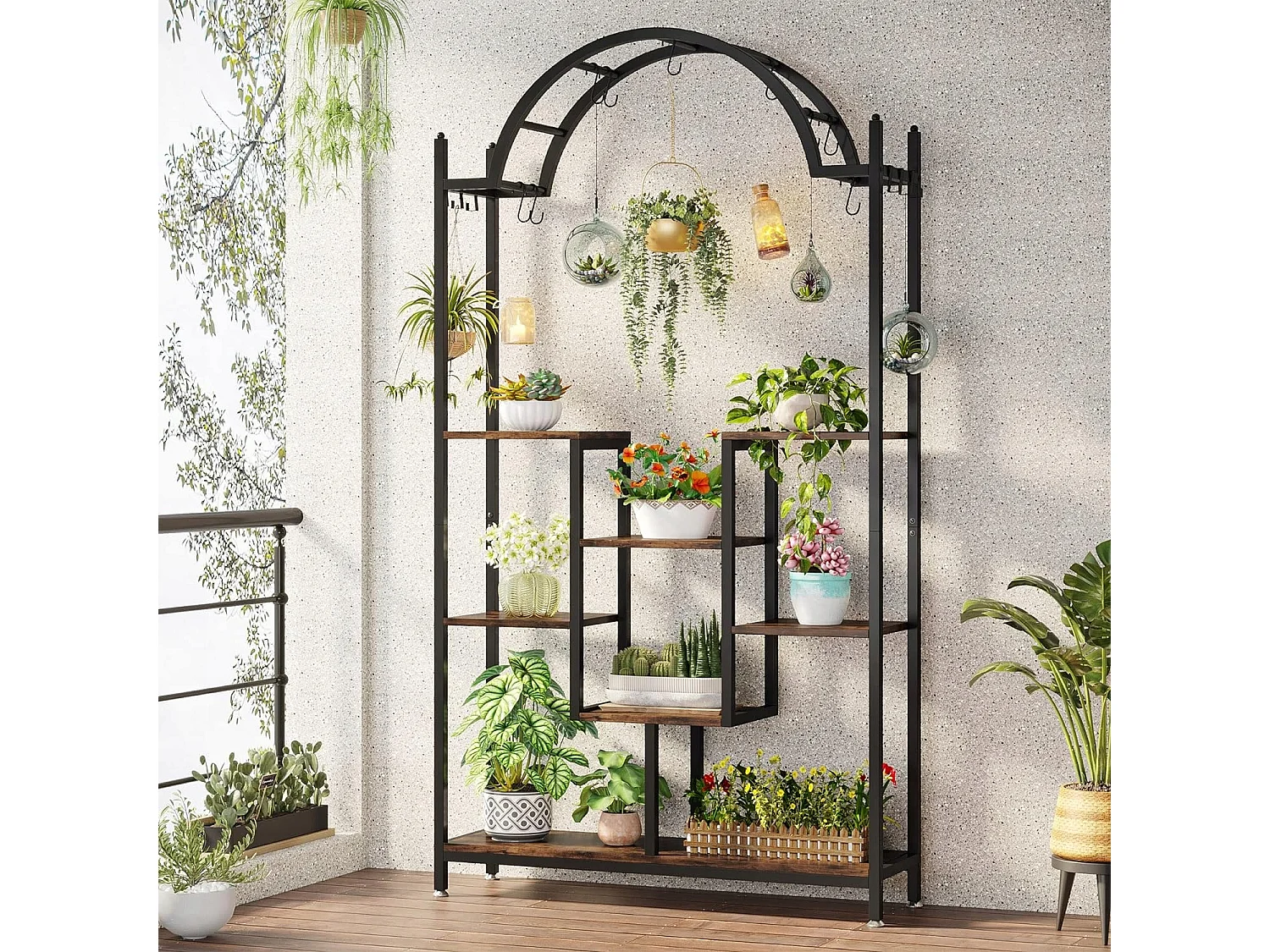 Support pour plantes d'intérieur à 5 niveaux, 190 cm, Étagère pour plantes en métal avec 8 crochets en S, Grand support de présentation