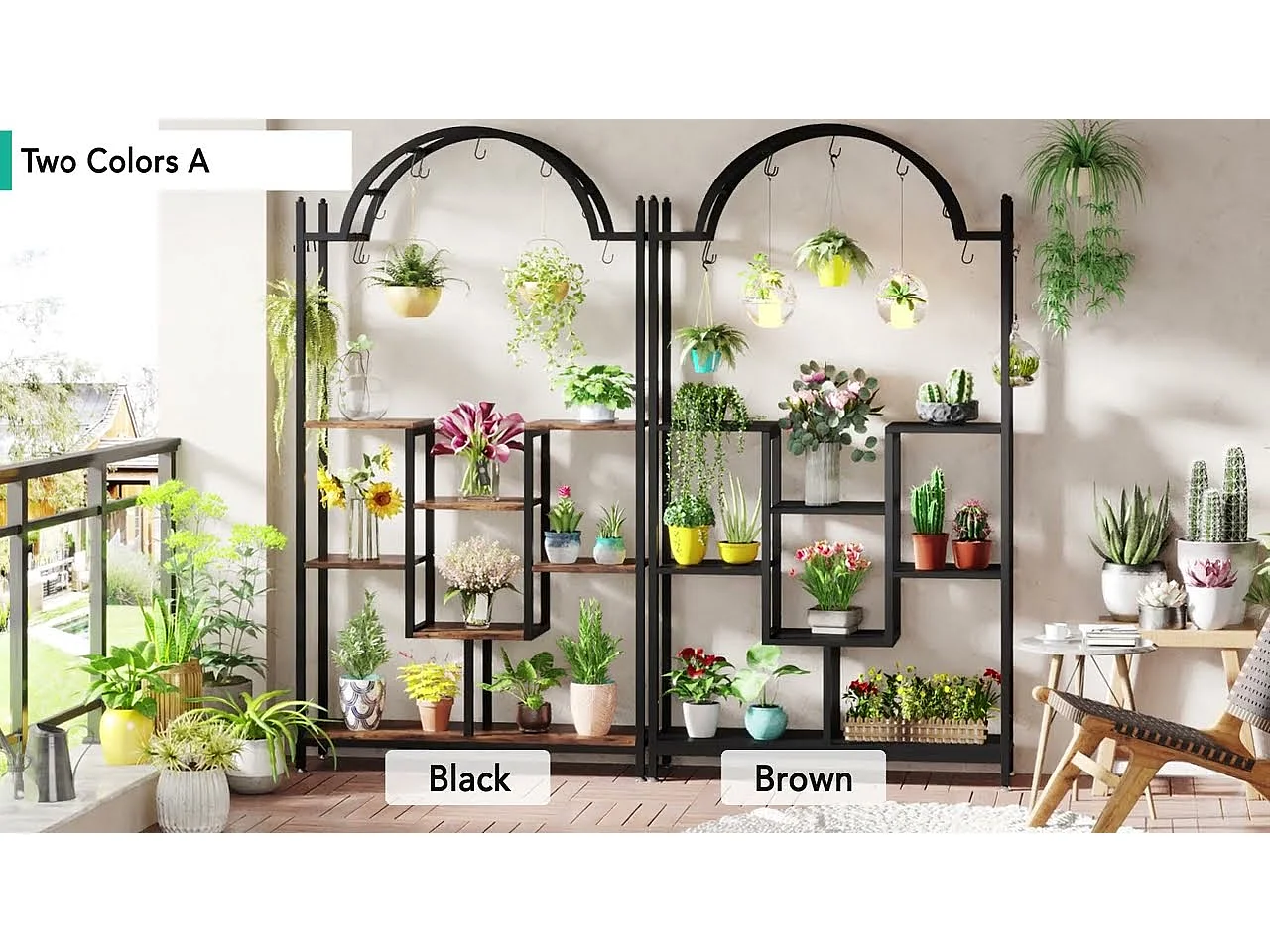 Support pour plantes d'intérieur à 5 niveaux, 190 cm, Étagère pour plantes en métal avec 8 crochets en S, Grand support de présentation