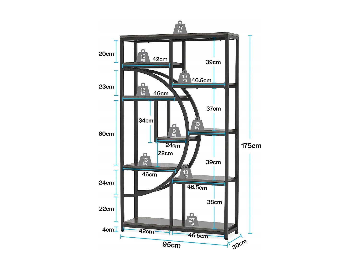 5-poziomowy regał industrialny, wolnostojący, duża półka do przechowywania z 9 otwartymi półkami do salonu lub sypialni