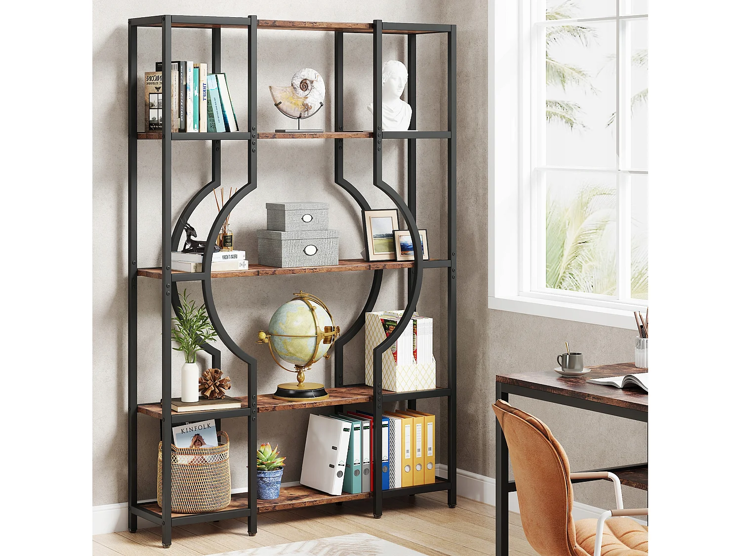 Bibliothèque à 5 Niveaux, bibliothèque Haute Vintage avec 12 Étagères de Rangement Ouvertes (Marron)