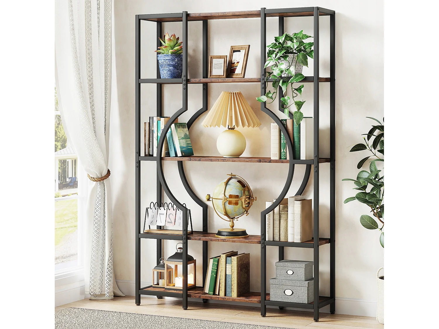 Bibliothèque à 5 Niveaux, bibliothèque Haute Vintage avec 12 Étagères de Rangement Ouvertes (Marron)