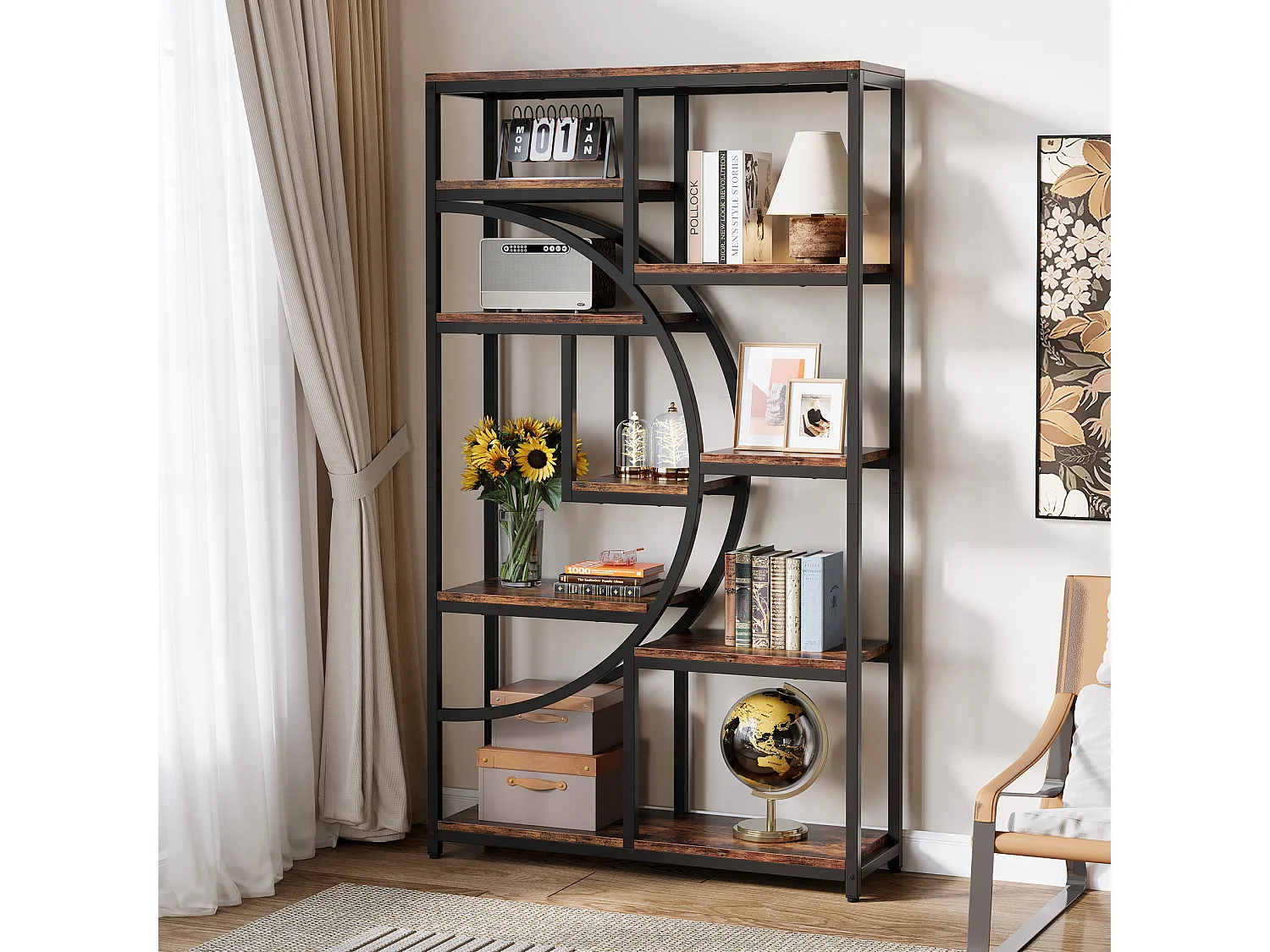 5-laags industriële boekenkast, vrijstaande hoge boekenkast met 9 open opbergplanken voor woonkamer, slaapkamer, thuiskantoor