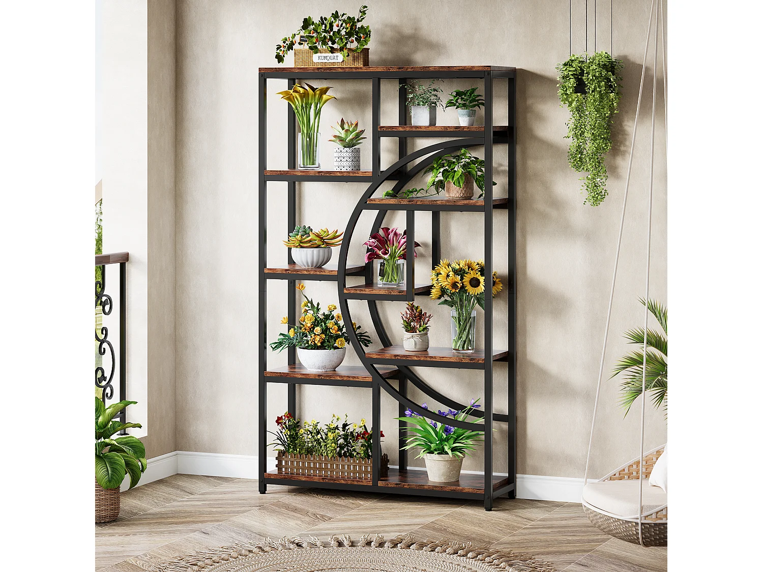 5-laags industriële boekenkast, vrijstaande hoge boekenkast met 9 open opbergplanken voor woonkamer, slaapkamer, thuiskantoor