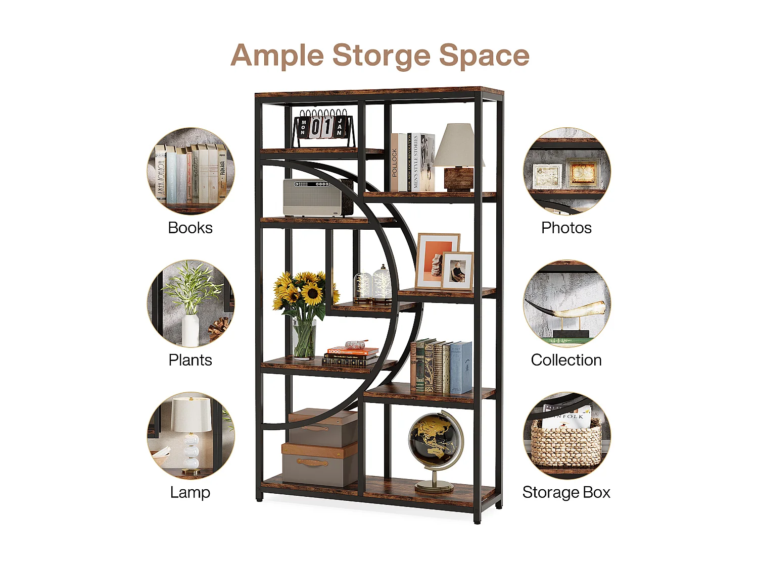 5-laags industriële boekenkast, vrijstaande hoge boekenkast met 9 open opbergplanken voor woonkamer, slaapkamer, thuiskantoor