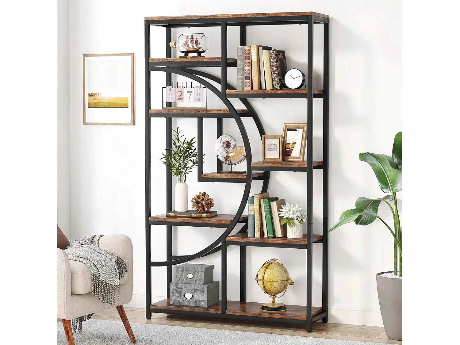 Bibliothèque Industrielle à 5 Niveaux, Haute bibliothèque Autonome avec étagère de Rangement à 9 Ouvertures pour Salon