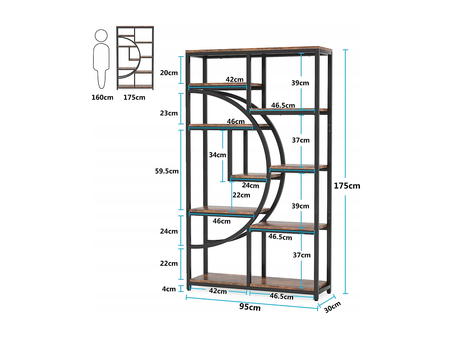 Bibliothèque Industrielle à 5 Niveaux, Haute bibliothèque Autonome avec étagère de Rangement à 9 Ouvertures pour Salon