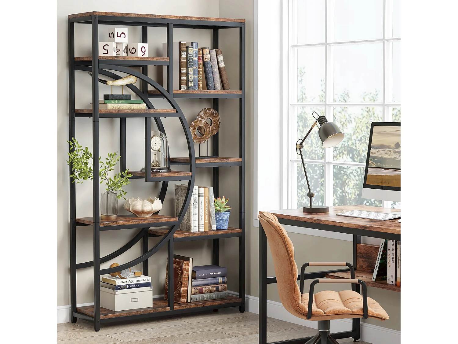 Bibliothèque Industrielle à 5 Niveaux, Haute bibliothèque Autonome avec étagère de Rangement à 9 Ouvertures pour Salon