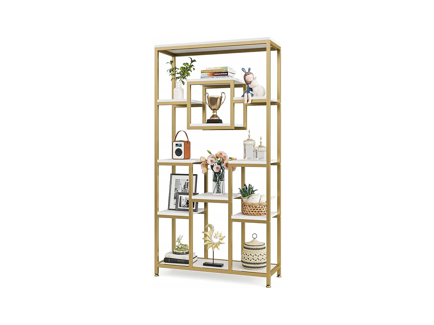 180 cm hoge gouden boekenkast, moderne vrijstaande boekenkast met 11 open opbergplanken