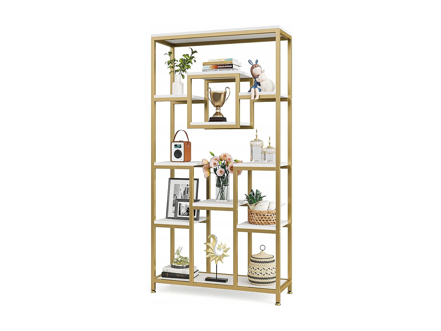 180 cm hoge gouden boekenkast, moderne vrijstaande boekenkast met 11 open opbergplanken