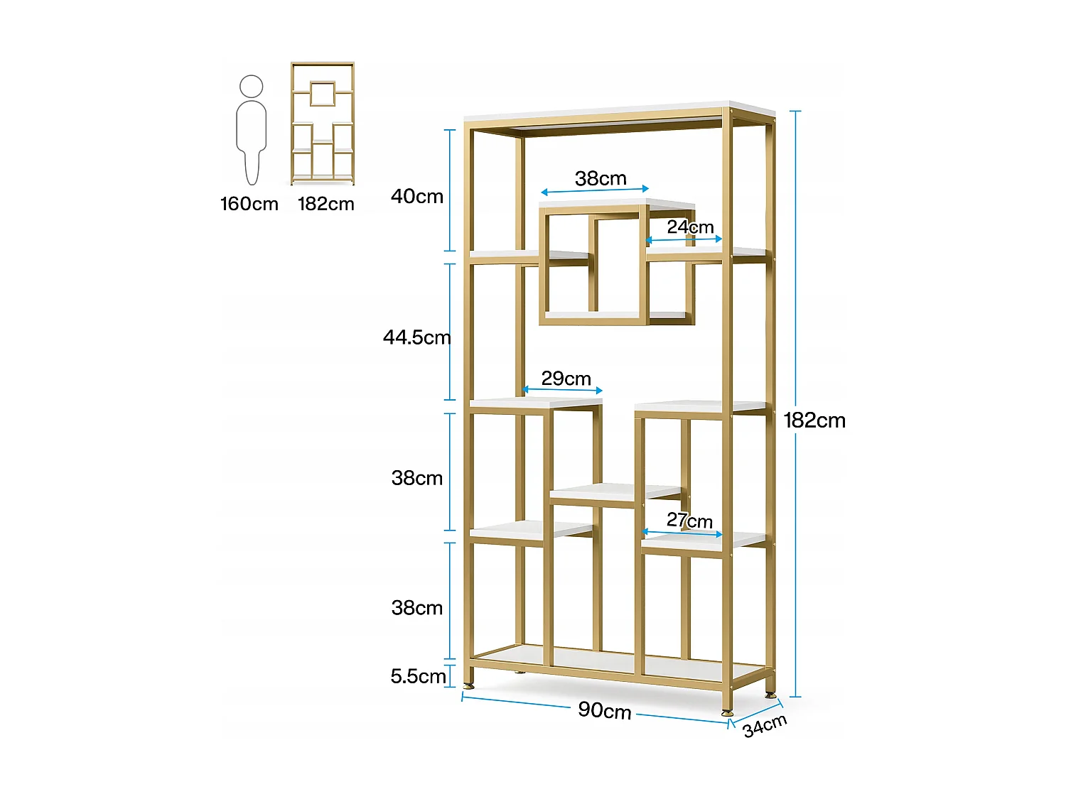 180 cm hoge gouden boekenkast, moderne vrijstaande boekenkast met 11 open opbergplanken