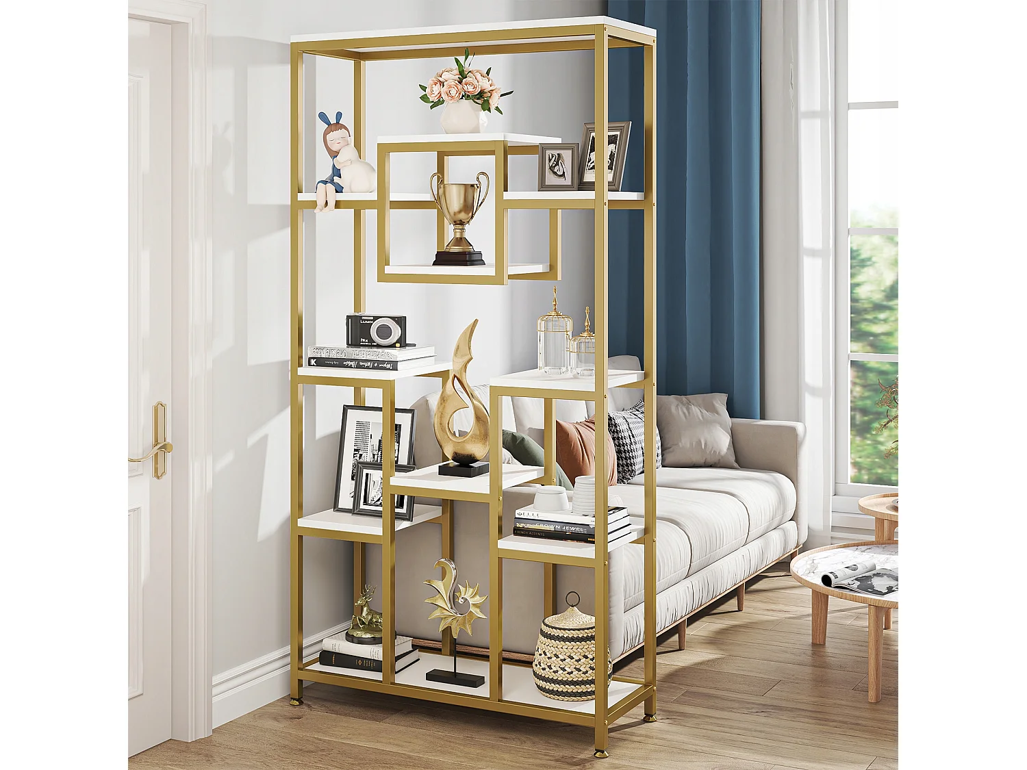 180 cm hoge gouden boekenkast, moderne vrijstaande boekenkast met 11 open opbergplanken