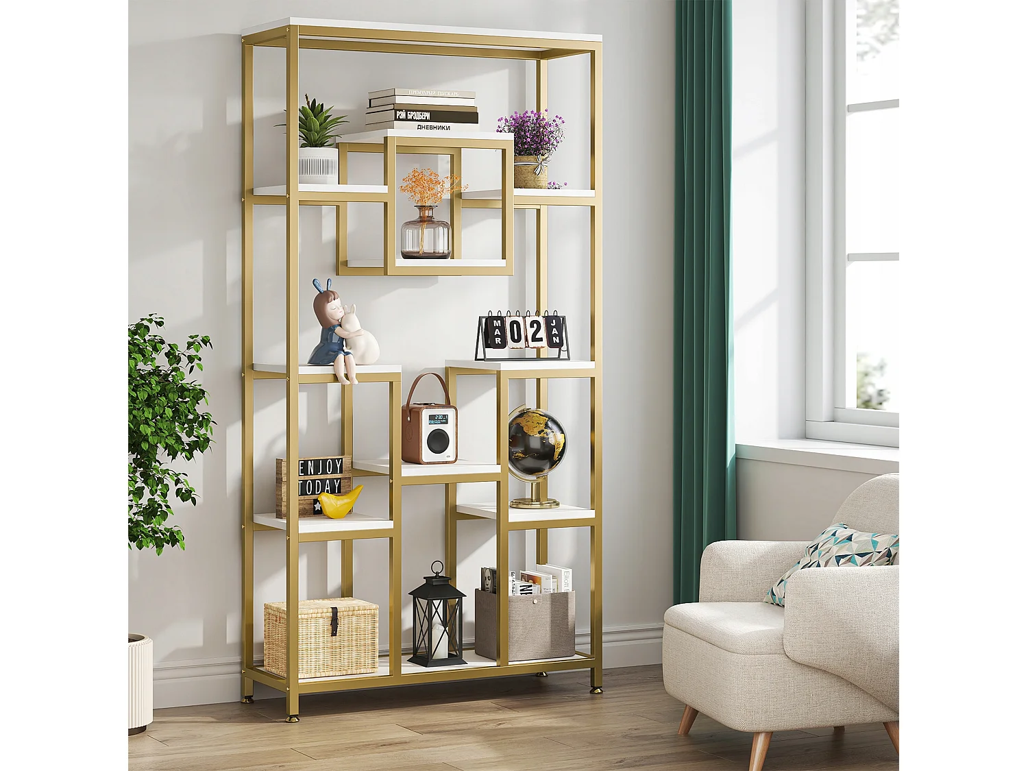 180 cm hoge gouden boekenkast, moderne vrijstaande boekenkast met 11 open opbergplanken