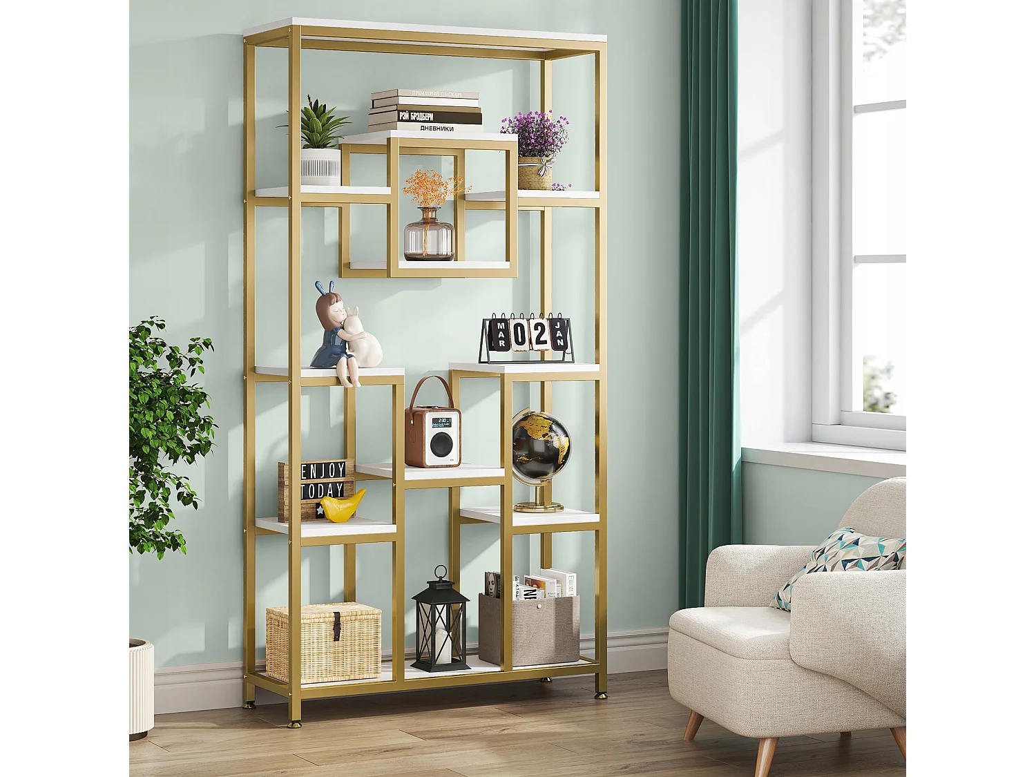 180 cm hoge gouden boekenkast, moderne vrijstaande boekenkast met 11 open opbergplanken