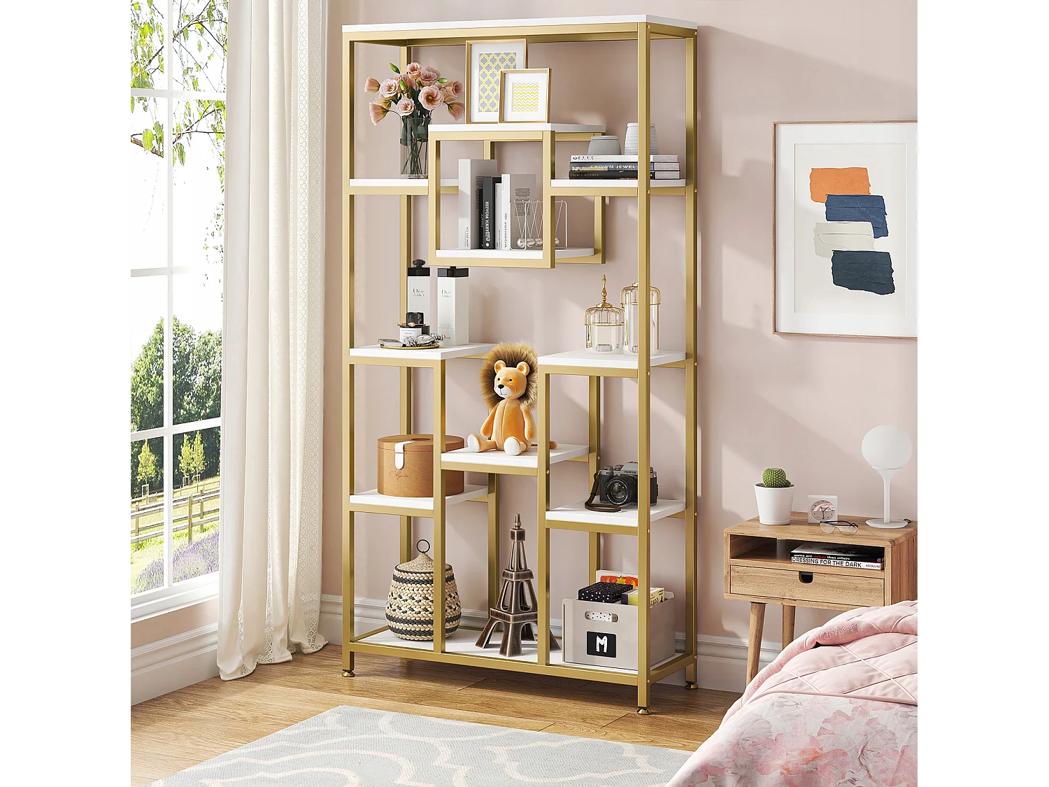 180 cm hoge gouden boekenkast, moderne vrijstaande boekenkast met 11 open opbergplanken