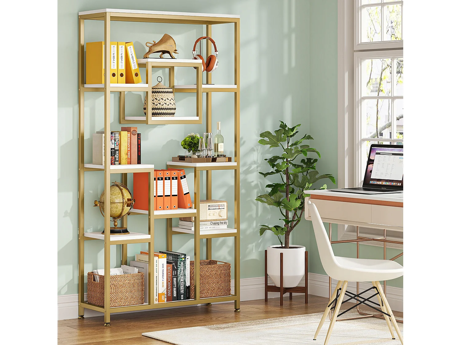 180 cm hoge gouden boekenkast, moderne vrijstaande boekenkast met 11 open opbergplanken