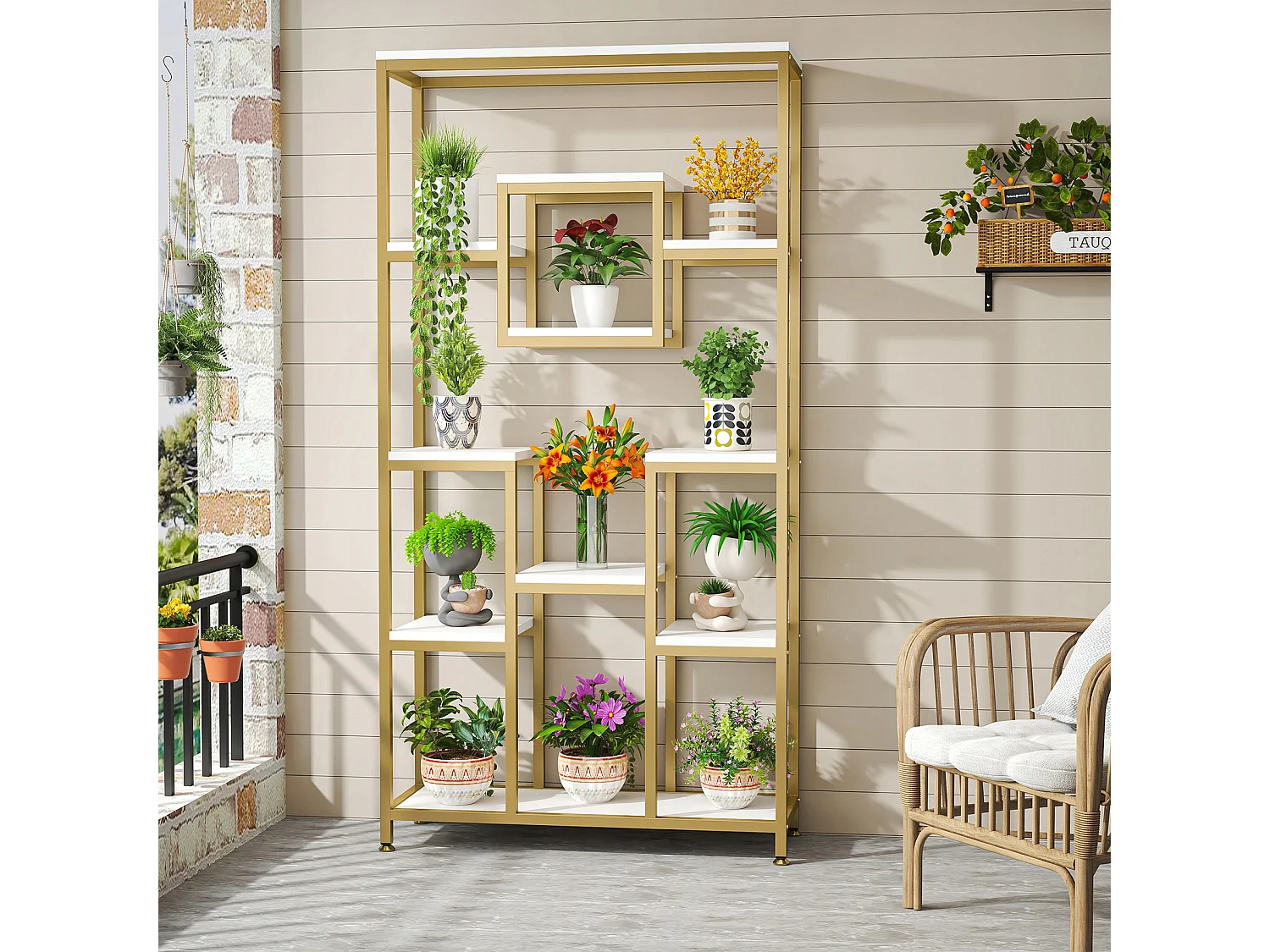 180 cm hoge gouden boekenkast, moderne vrijstaande boekenkast met 11 open opbergplanken