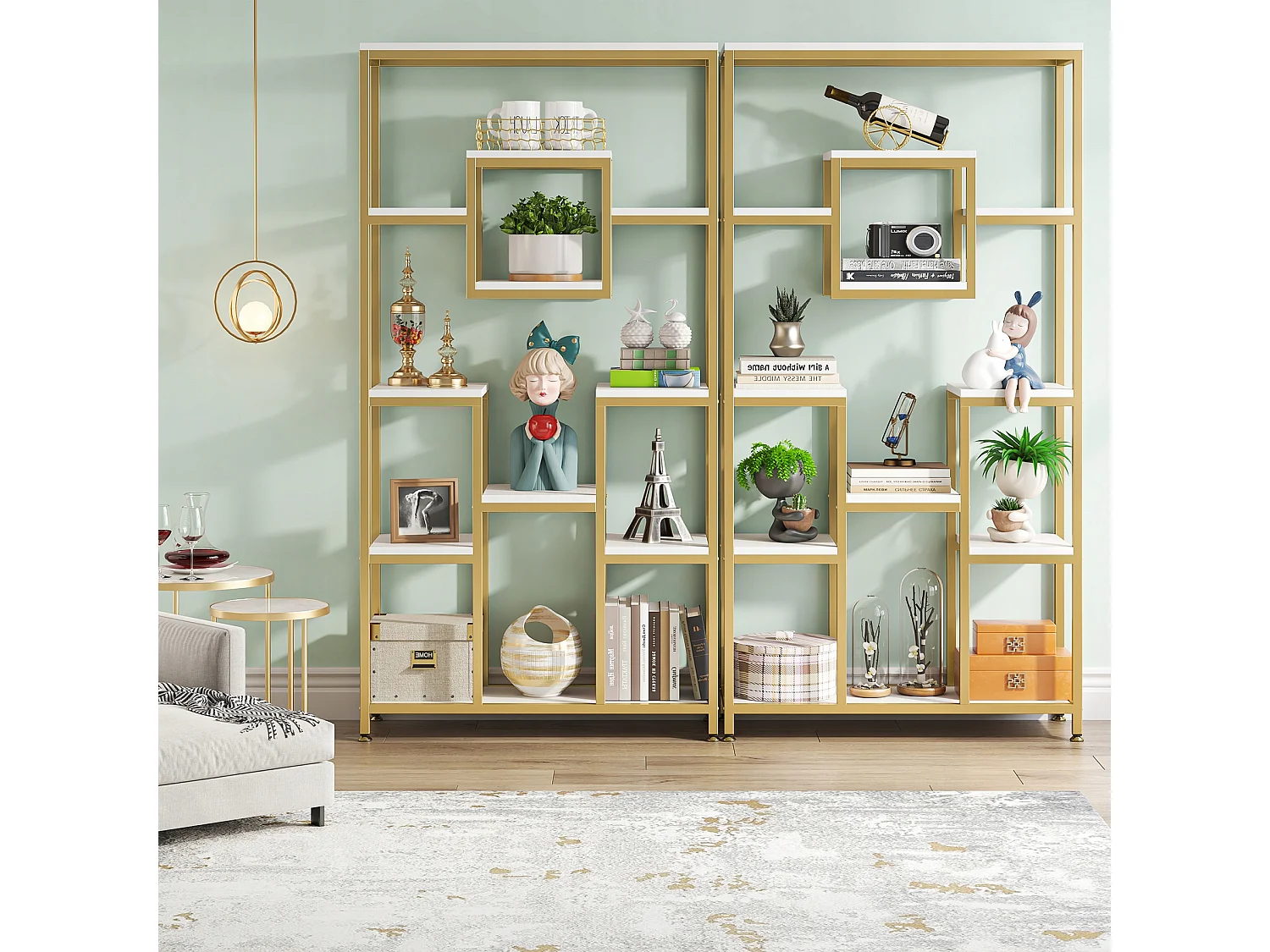 180 cm hoge gouden boekenkast, moderne vrijstaande boekenkast met 11 open opbergplanken