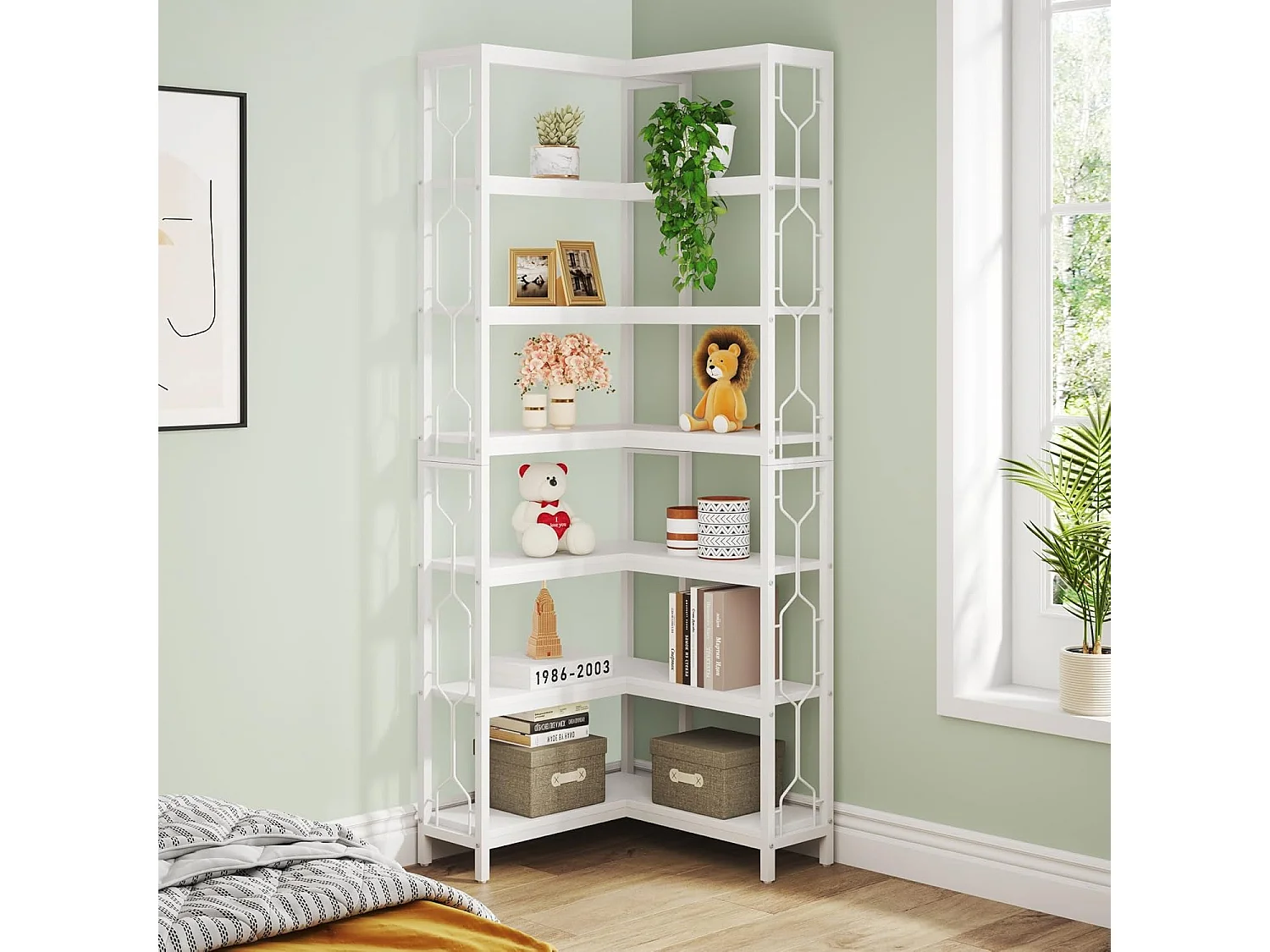 Bibliothèque d'angle, étagère Industrielle à 7 Niveaux, étagères d'angle en Bois et Métal, étagère d'affichage autoportante pour Le Salon