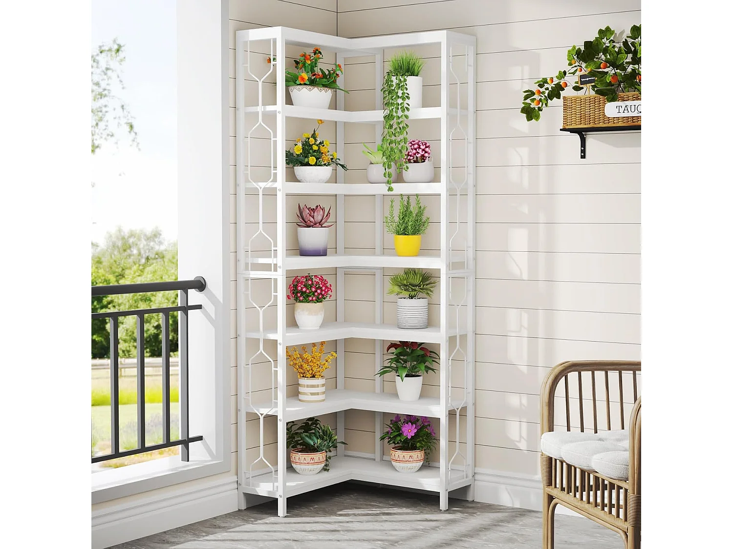 Bibliothèque d'angle, étagère Industrielle à 7 Niveaux, étagères d'angle en Bois et Métal, étagère d'affichage autoportante pour Le Salon