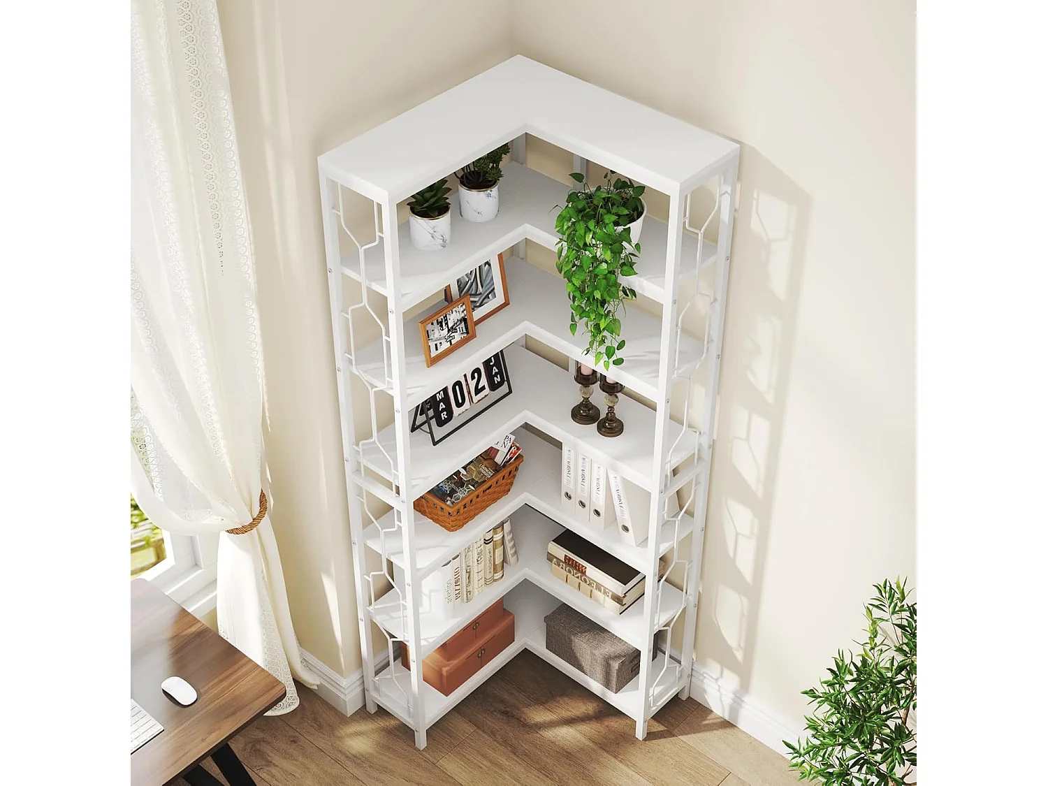 Bibliothèque d'angle, étagère Industrielle à 7 Niveaux, étagères d'angle en Bois et Métal, étagère d'affichage autoportante pour Le Salon