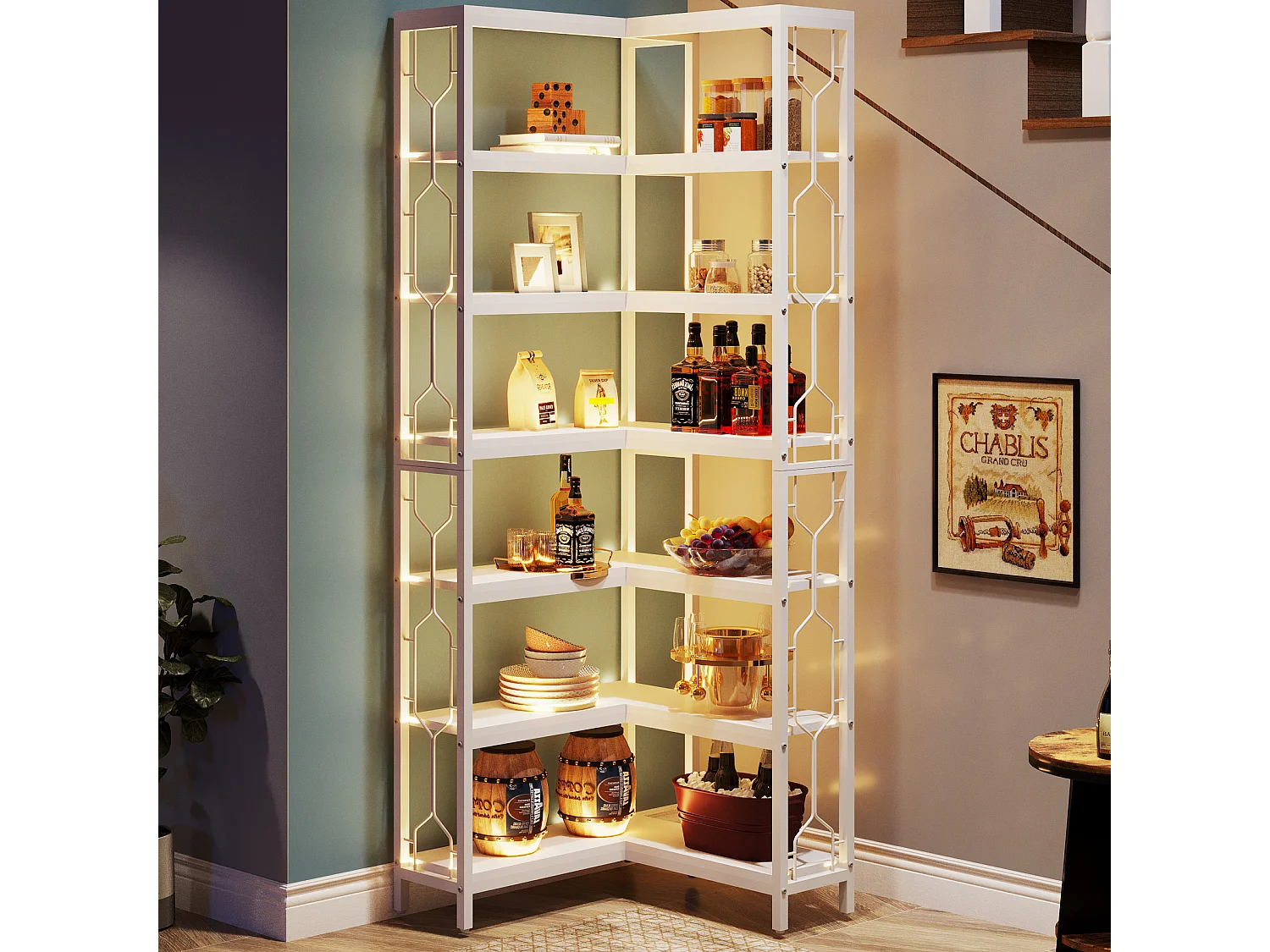 Bibliothèque d'angle, étagère Industrielle à 7 Niveaux, étagères d'angle en Bois et Métal, étagère d'affichage autoportante pour Le Salon