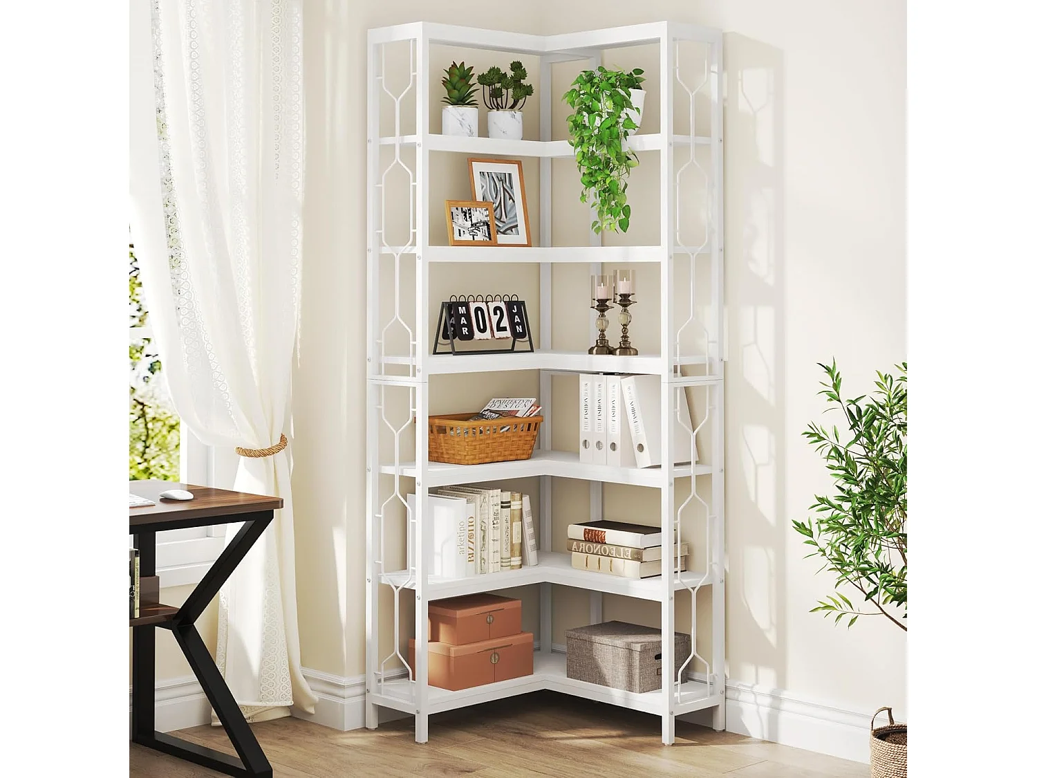 Bibliothèque d'angle, étagère Industrielle à 7 Niveaux, étagères d'angle en Bois et Métal, étagère d'affichage autoportante pour Le Salon