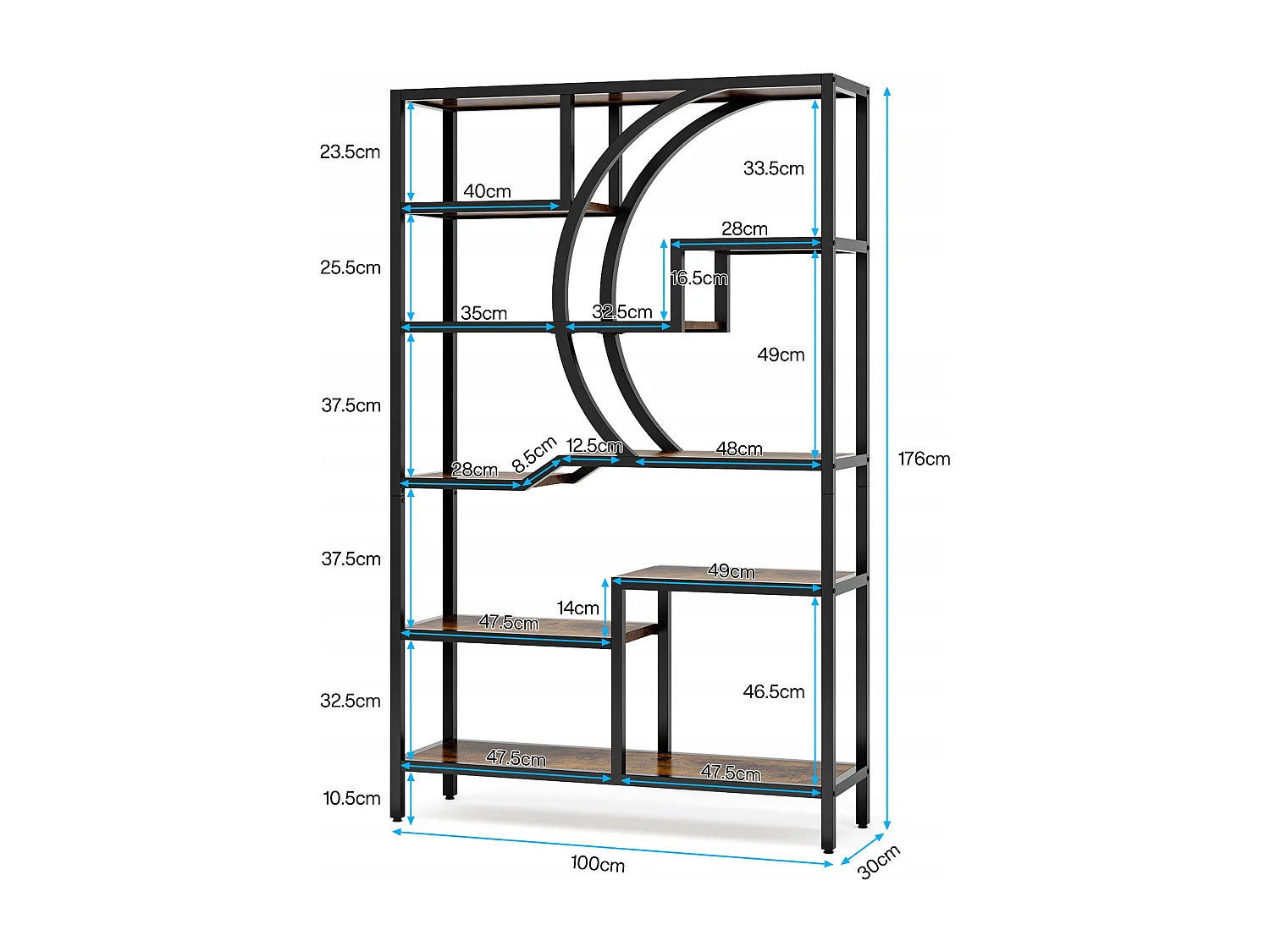 Bibliothèque Industrielle à 6 Niveaux,Bibliothèque de 175 cm de Hauteur, avec 9 Étagères de Rangement Ouvertes, étagère de présentation