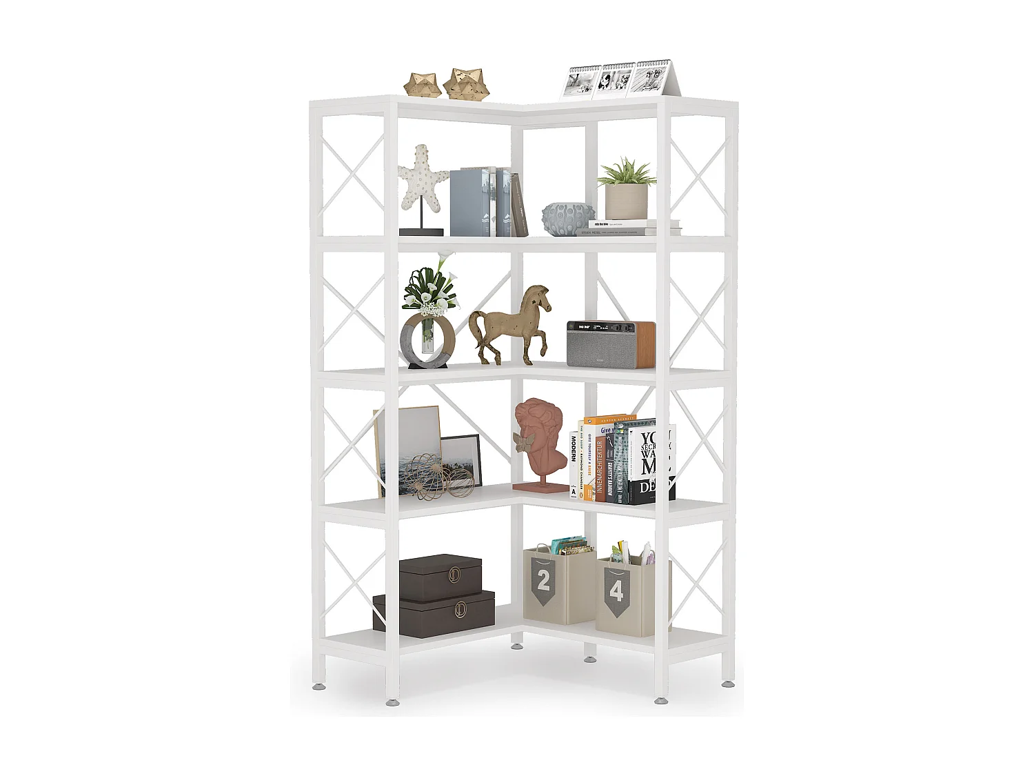 Eckbibliothek, Große industrielle Eckregal, Eckregal auf Beinen mit Metallrahmen für Wohnzimmer, Haus, Büro (Weiß)