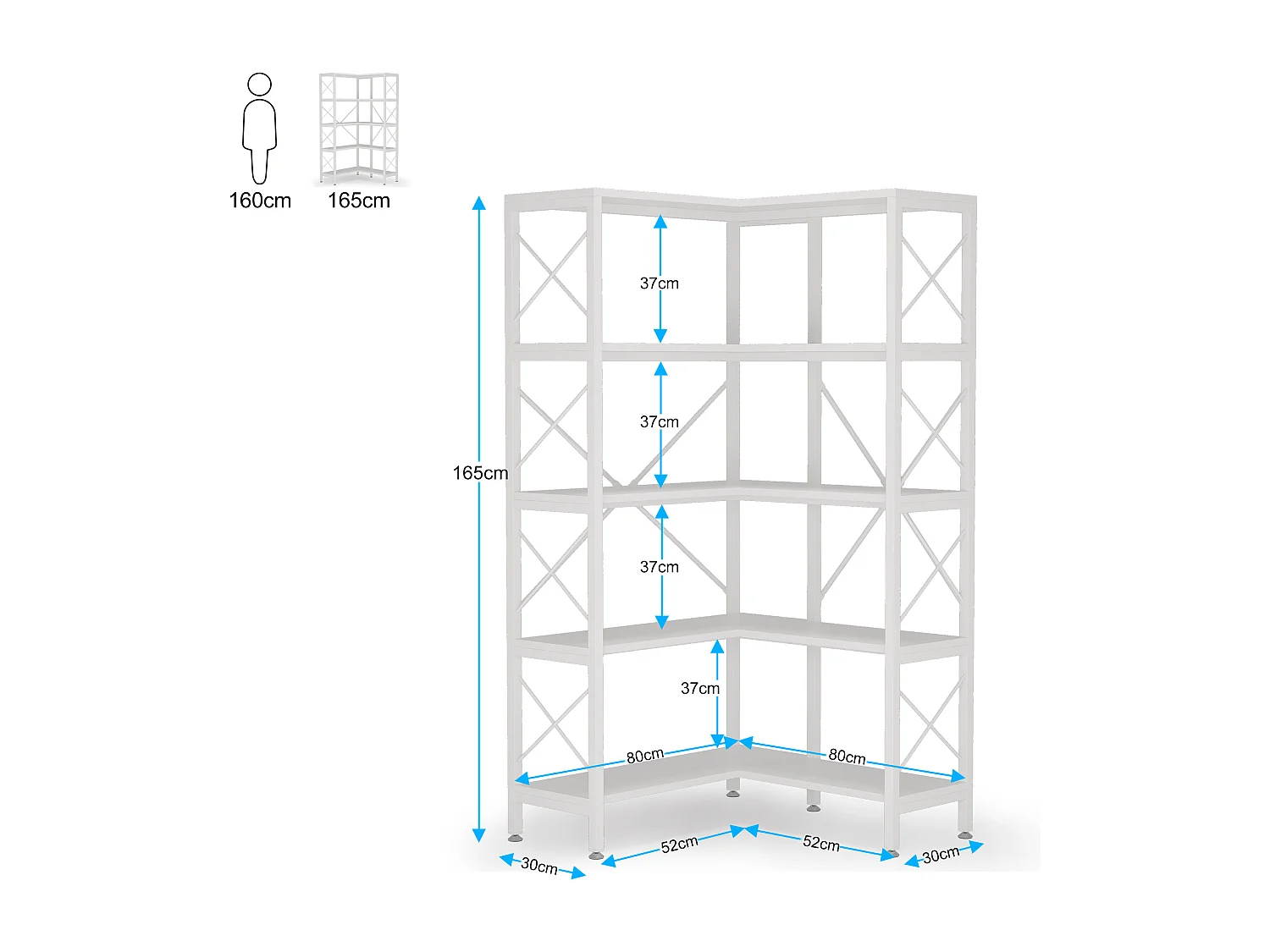 Eckbibliothek, Große industrielle Eckregal, Eckregal auf Beinen mit Metallrahmen für Wohnzimmer, Haus, Büro (Weiß)